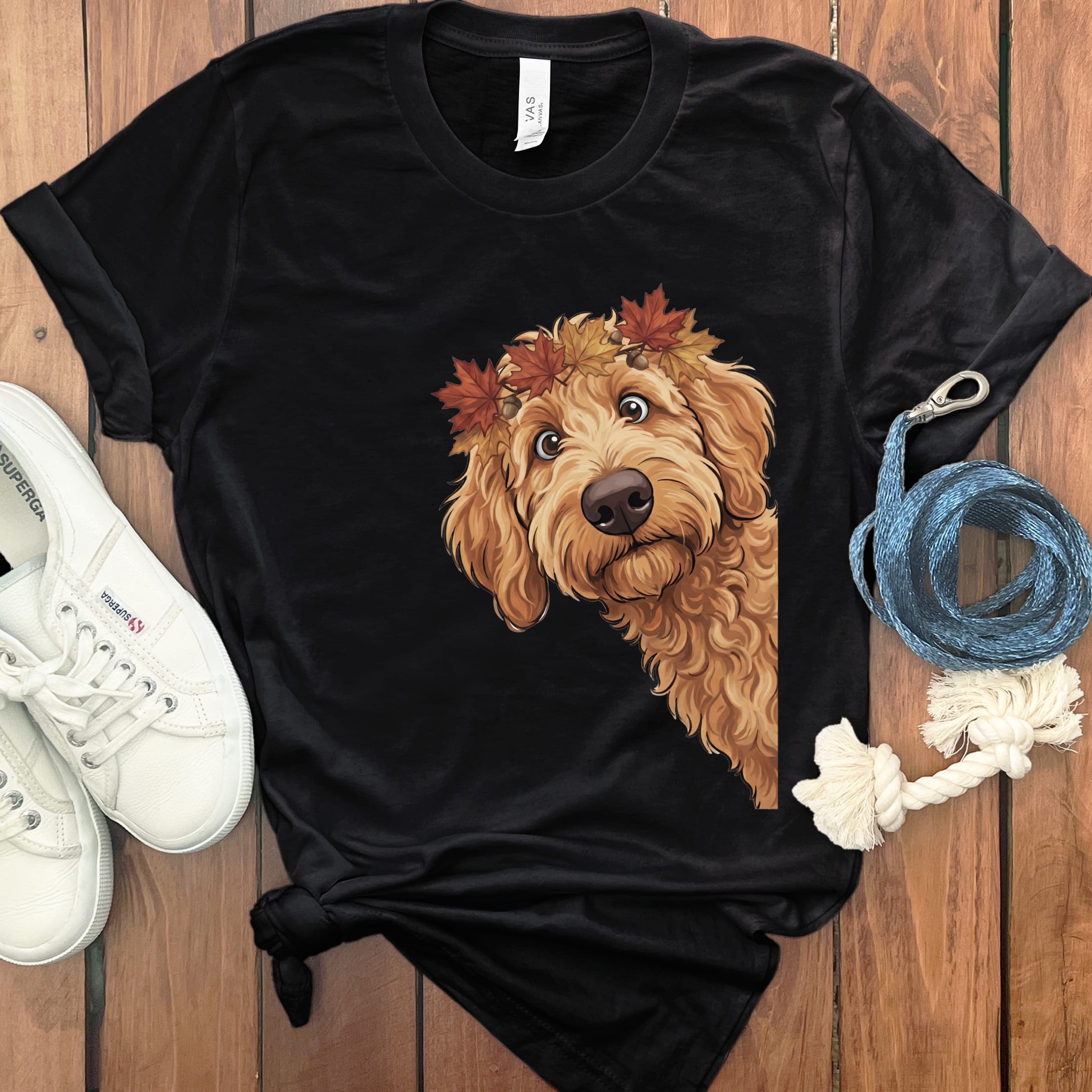 Fall Crown Apricot Goldendoodle T-Shirt in Black / S by Puppy Jo