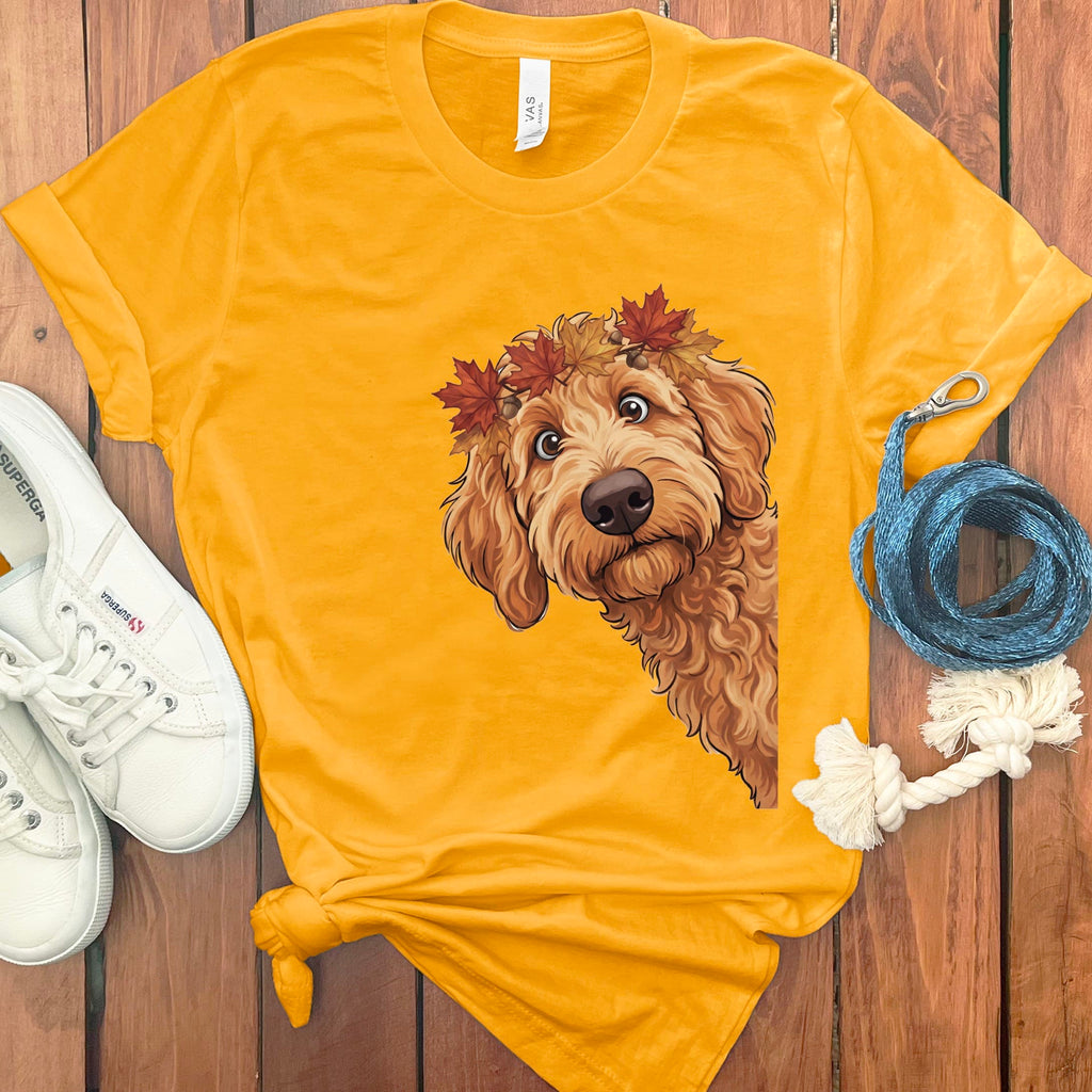 Fall Crown Apricot Goldendoodle T-Shirt in Gold / S by Puppy Jo