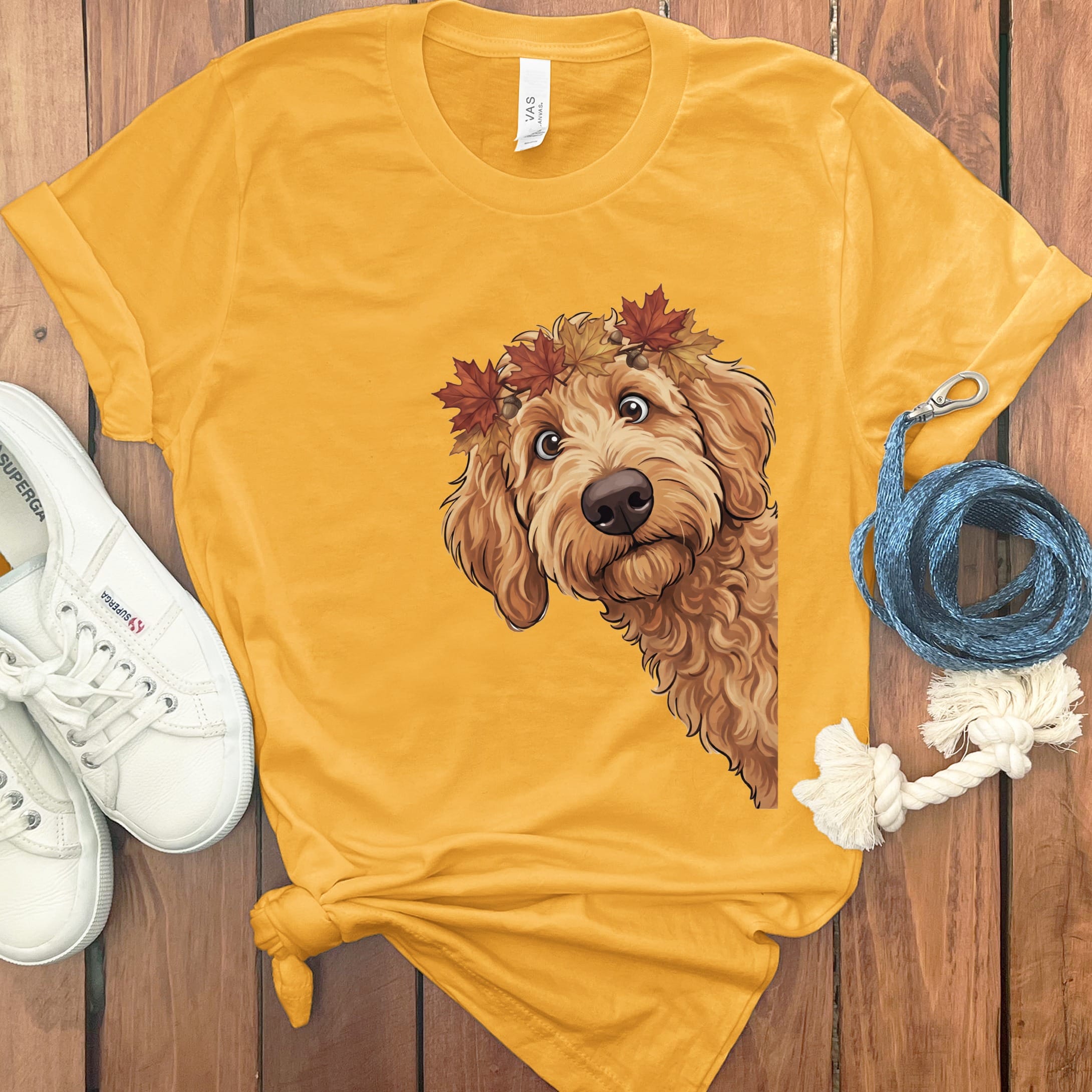 Fall Crown Apricot Goldendoodle T-Shirt in Gold / S by Puppy Jo