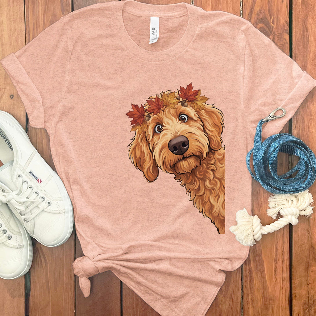 Fall Crown Apricot Goldendoodle T-Shirt in Heather Peach / S by Puppy Jo