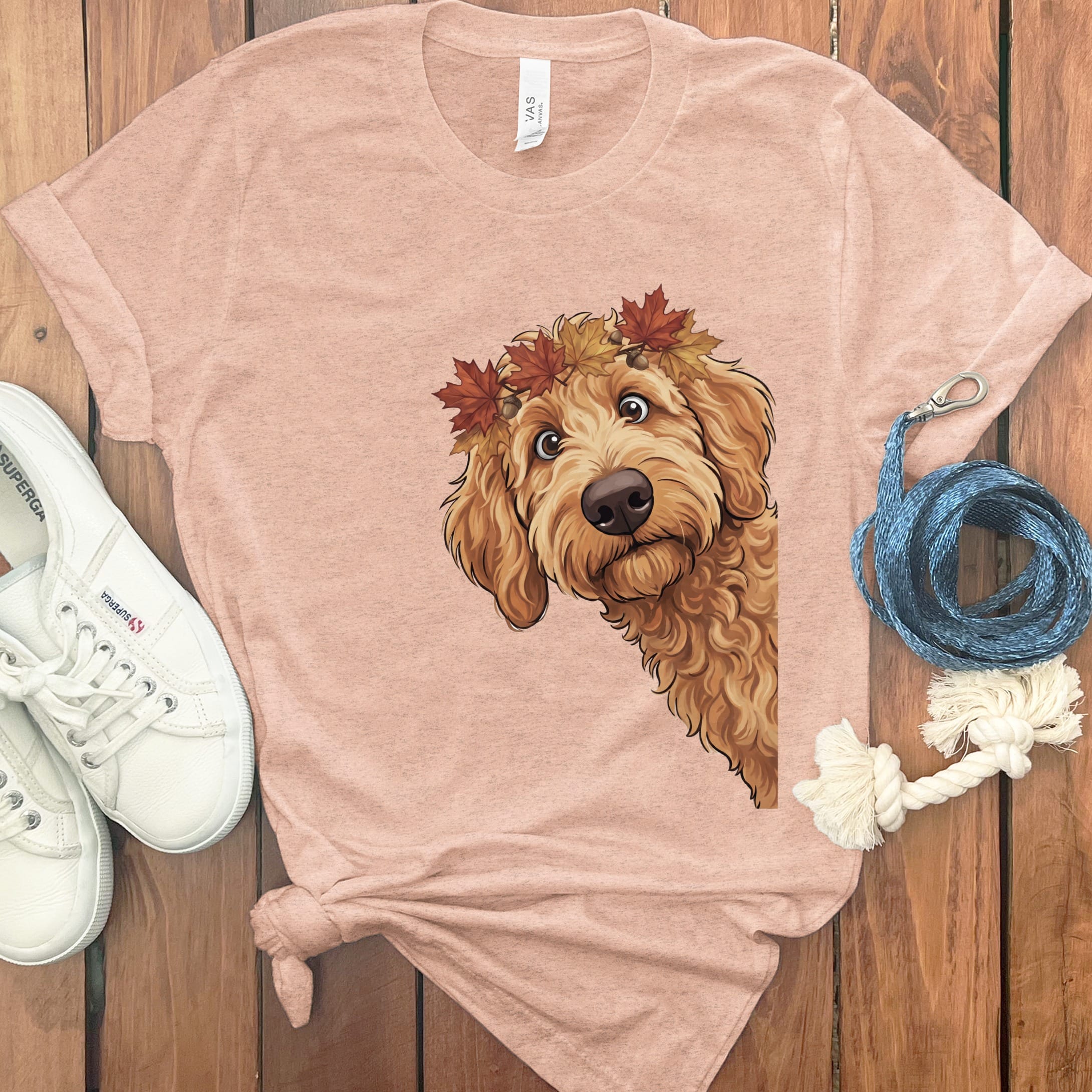 Fall Crown Apricot Goldendoodle T-Shirt in Heather Peach / S by Puppy Jo