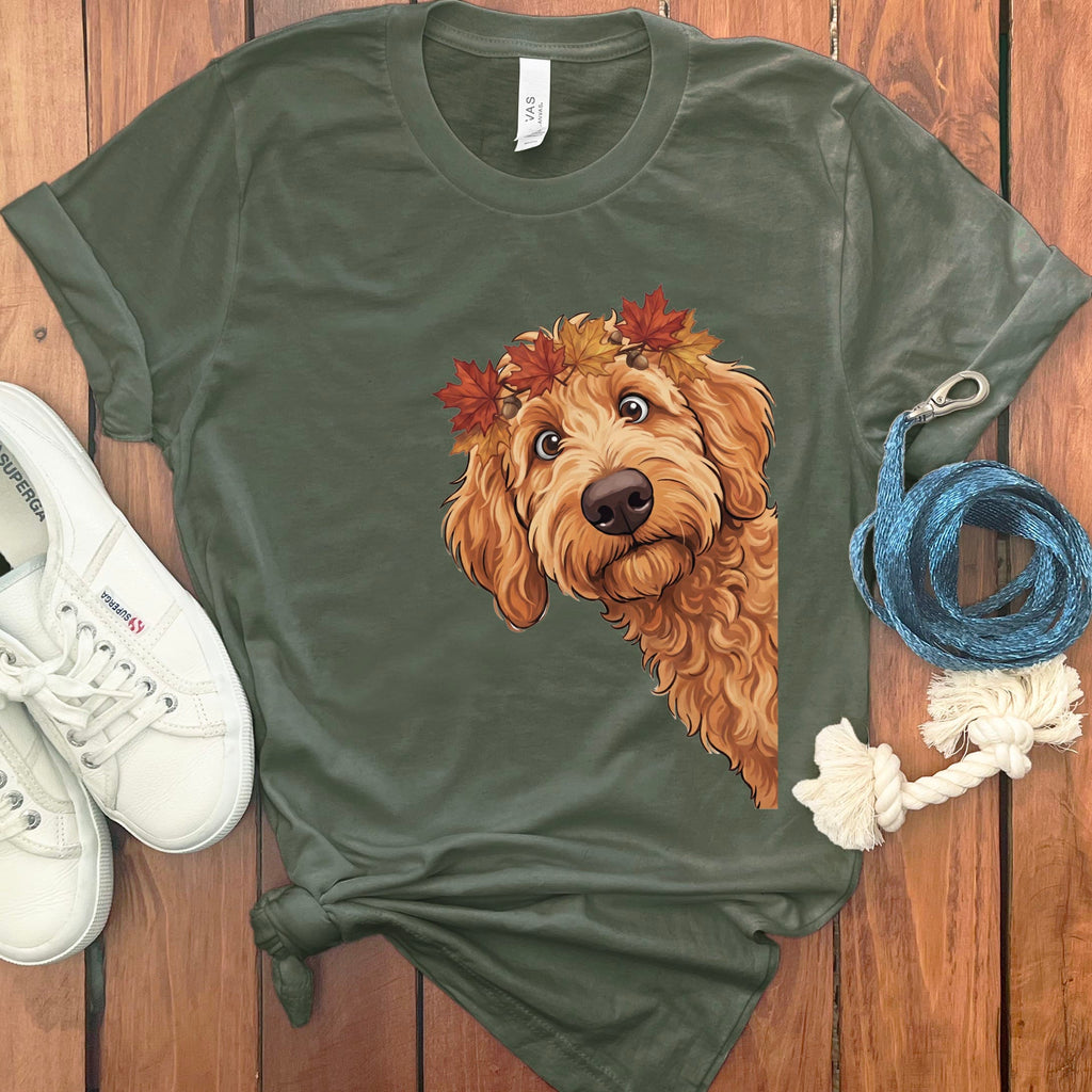 Fall Crown Apricot Goldendoodle T-Shirt in Military Green / S by Puppy Jo