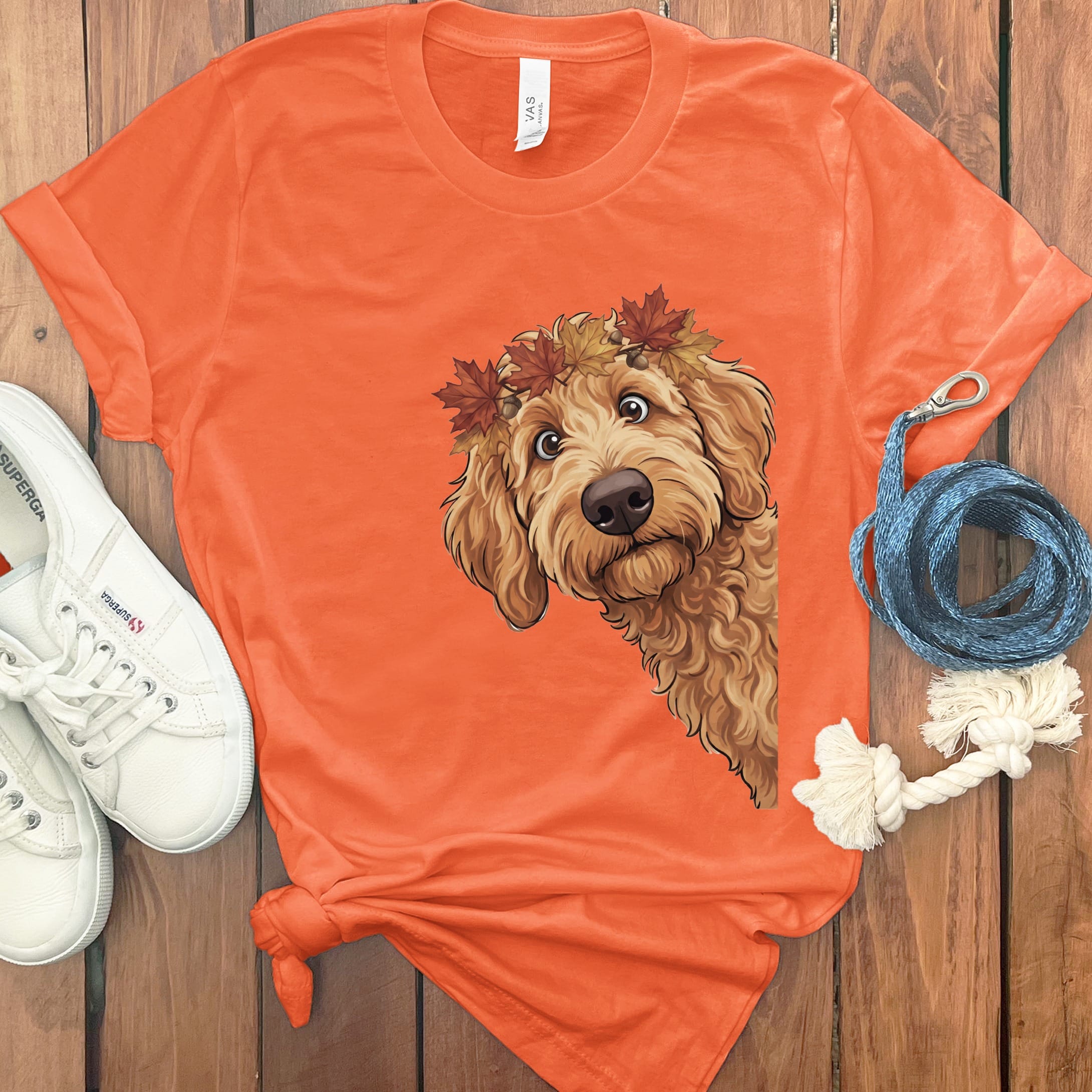 Fall Crown Apricot Goldendoodle T-Shirt in Orange / S by Puppy Jo