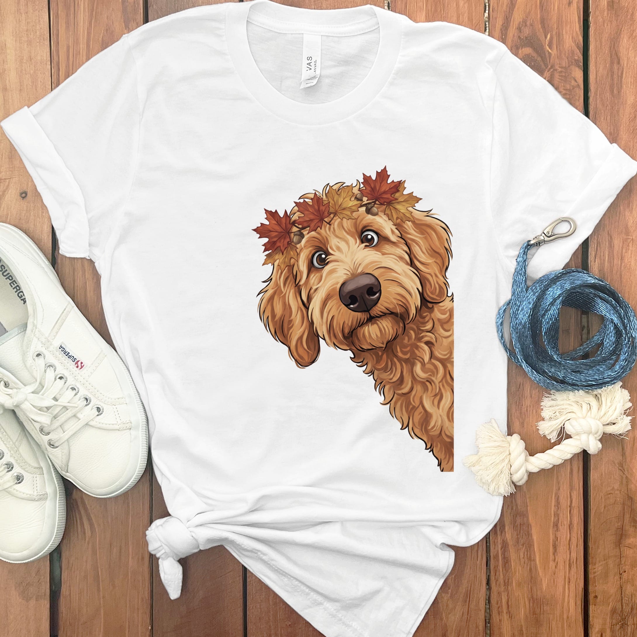 Fall Crown Apricot Goldendoodle T-Shirt in White / S by Puppy Jo