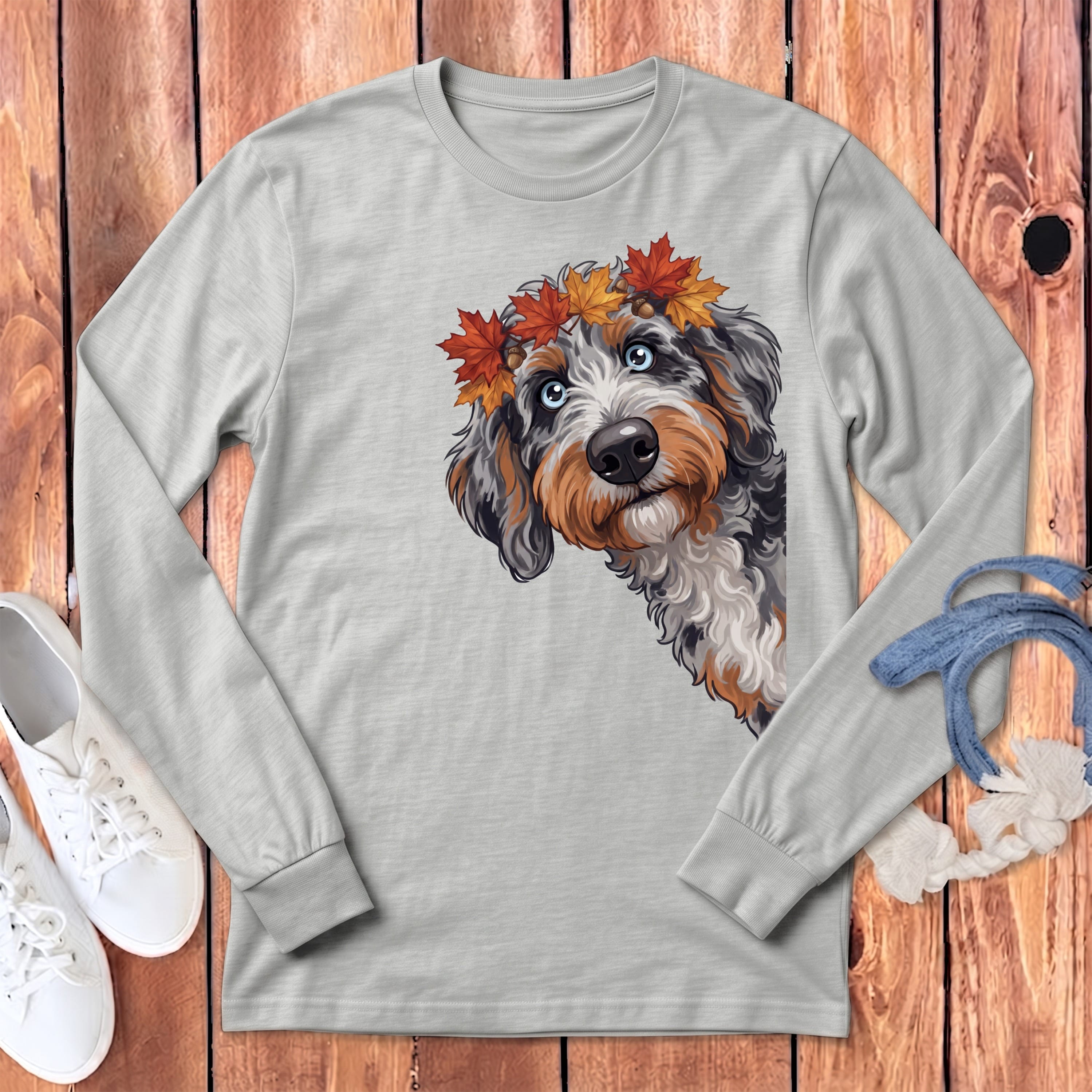 Fall Crown Aussiedoodle Long Sleeve T-Shirt in Athletic Heather / S by Puppy Jo