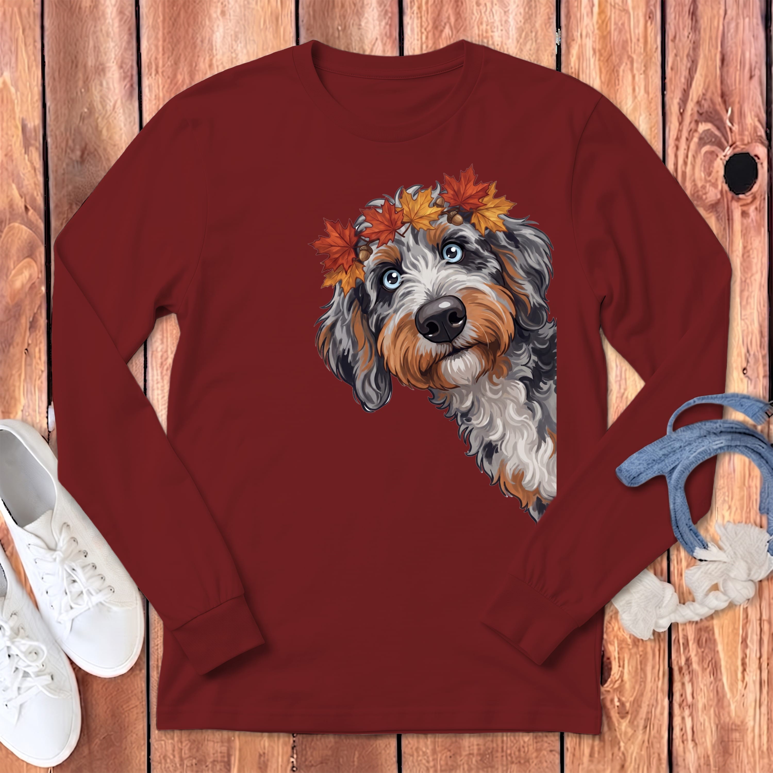 Fall Crown Aussiedoodle Long Sleeve T-Shirt in Cardinal / S by Puppy Jo