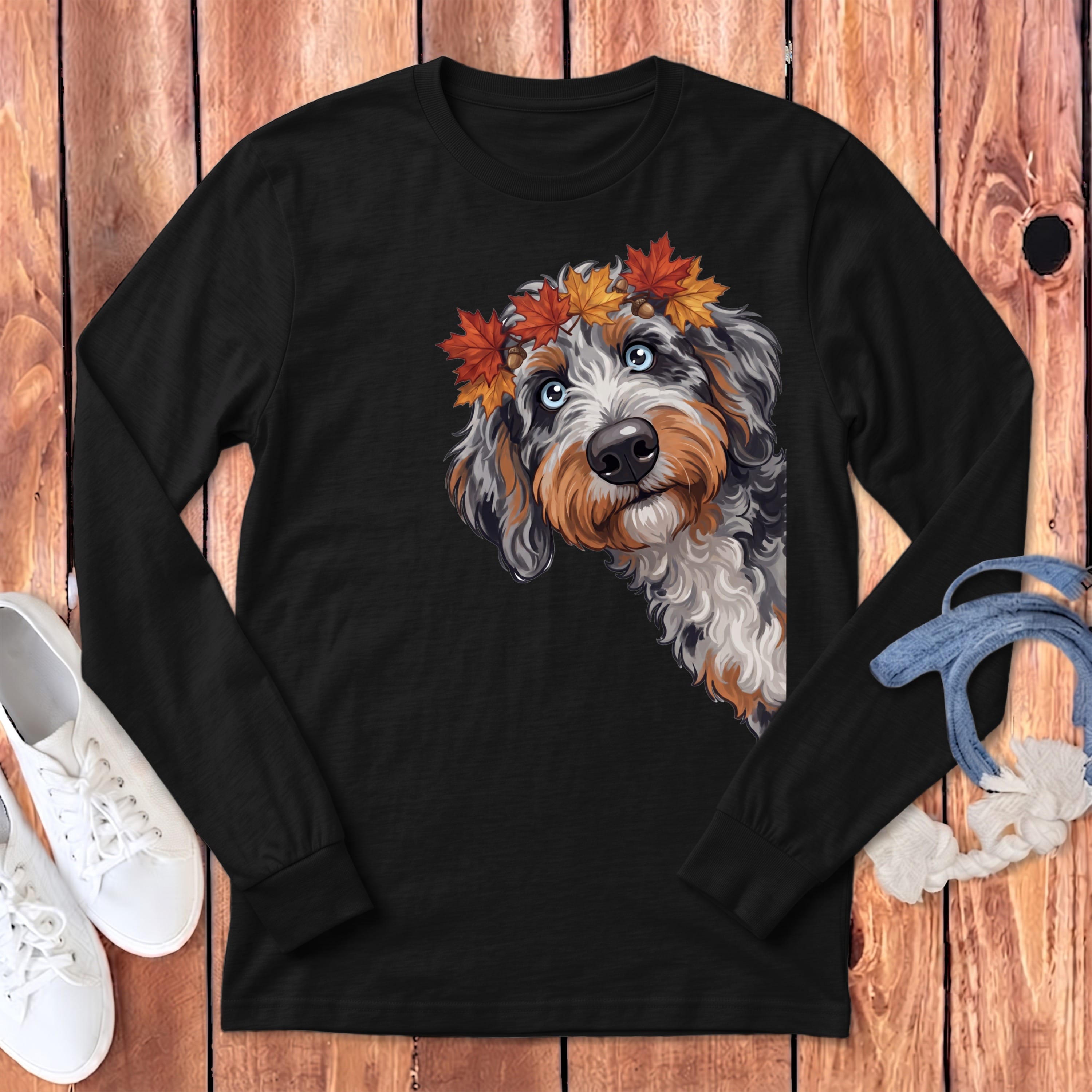 Fall Crown Aussiedoodle Long Sleeve T-Shirt in Dark Grey Heather / S by Puppy Jo