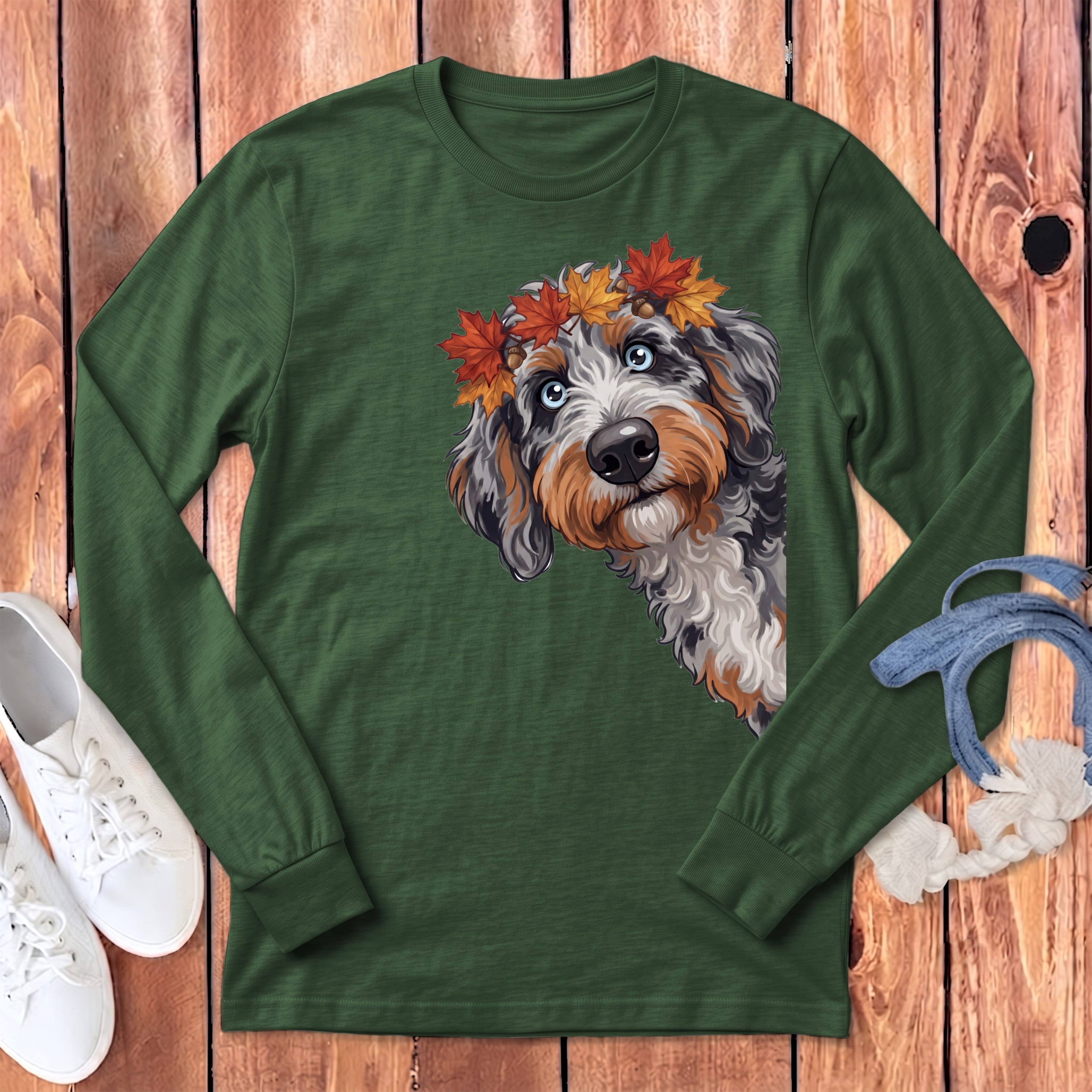 Fall Crown Aussiedoodle Long Sleeve T-Shirt in Heather Forest / S by Puppy Jo