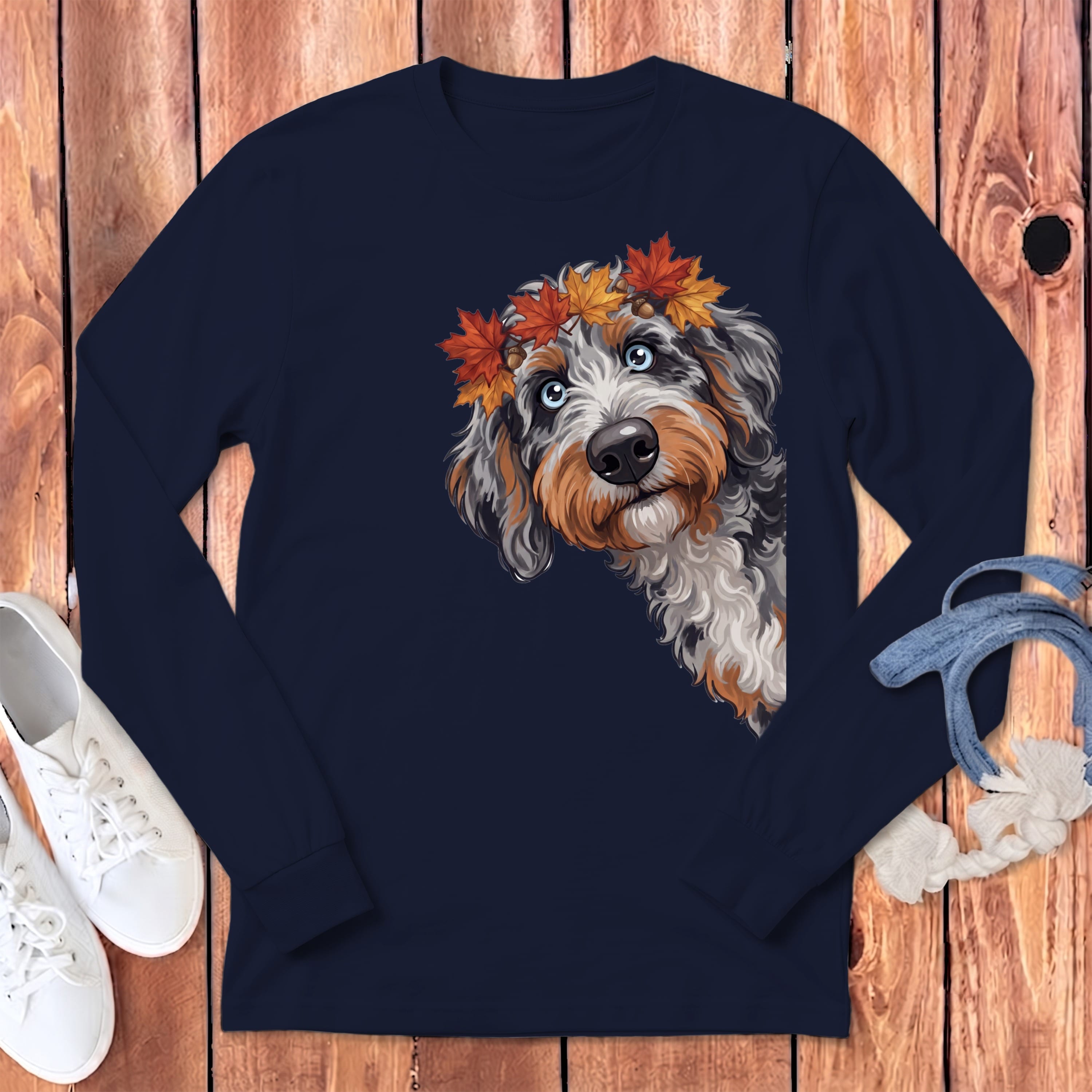 Fall Crown Aussiedoodle Long Sleeve T-Shirt in Navy / S by Puppy Jo