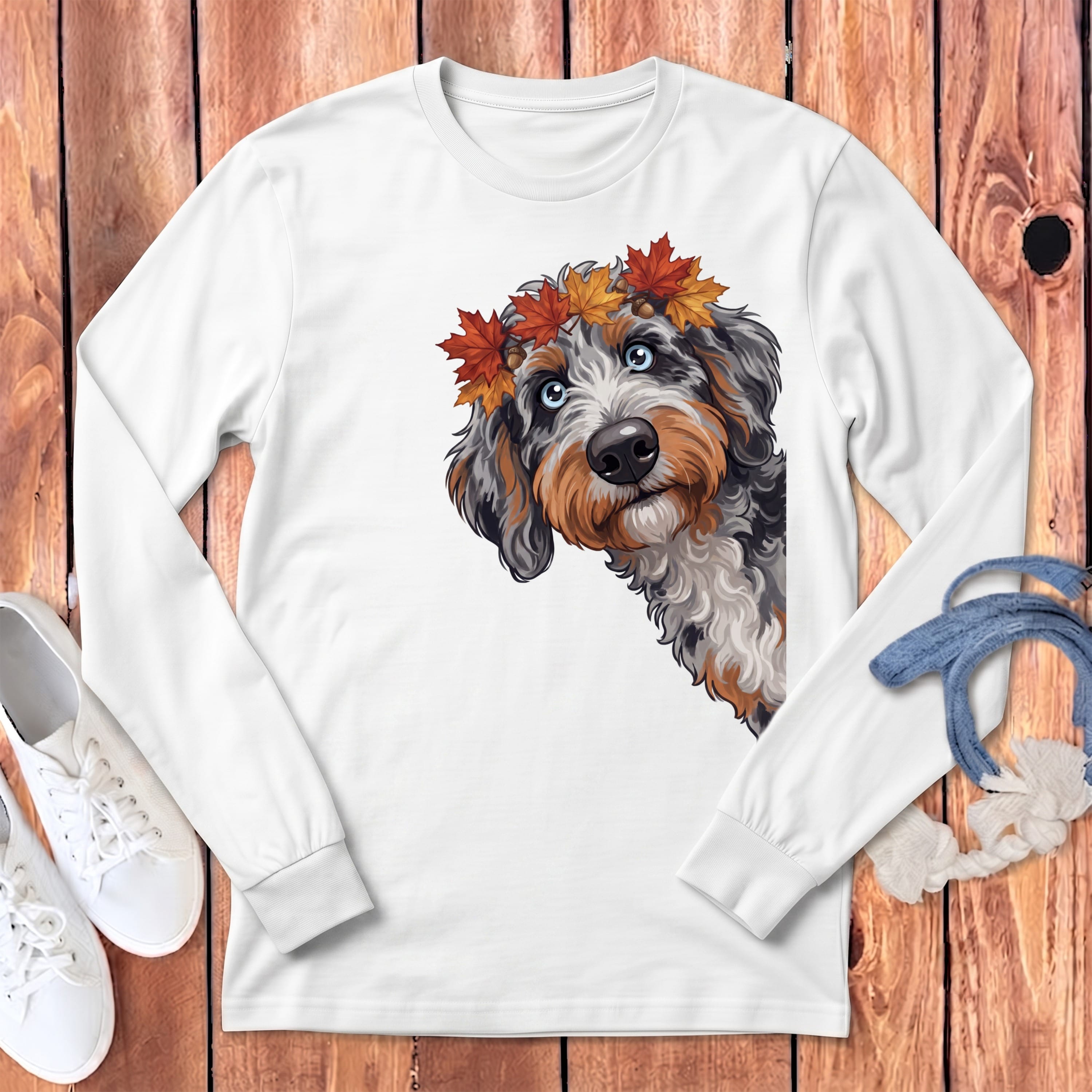 Fall Crown Aussiedoodle Long Sleeve T-Shirt in White / S by Puppy Jo