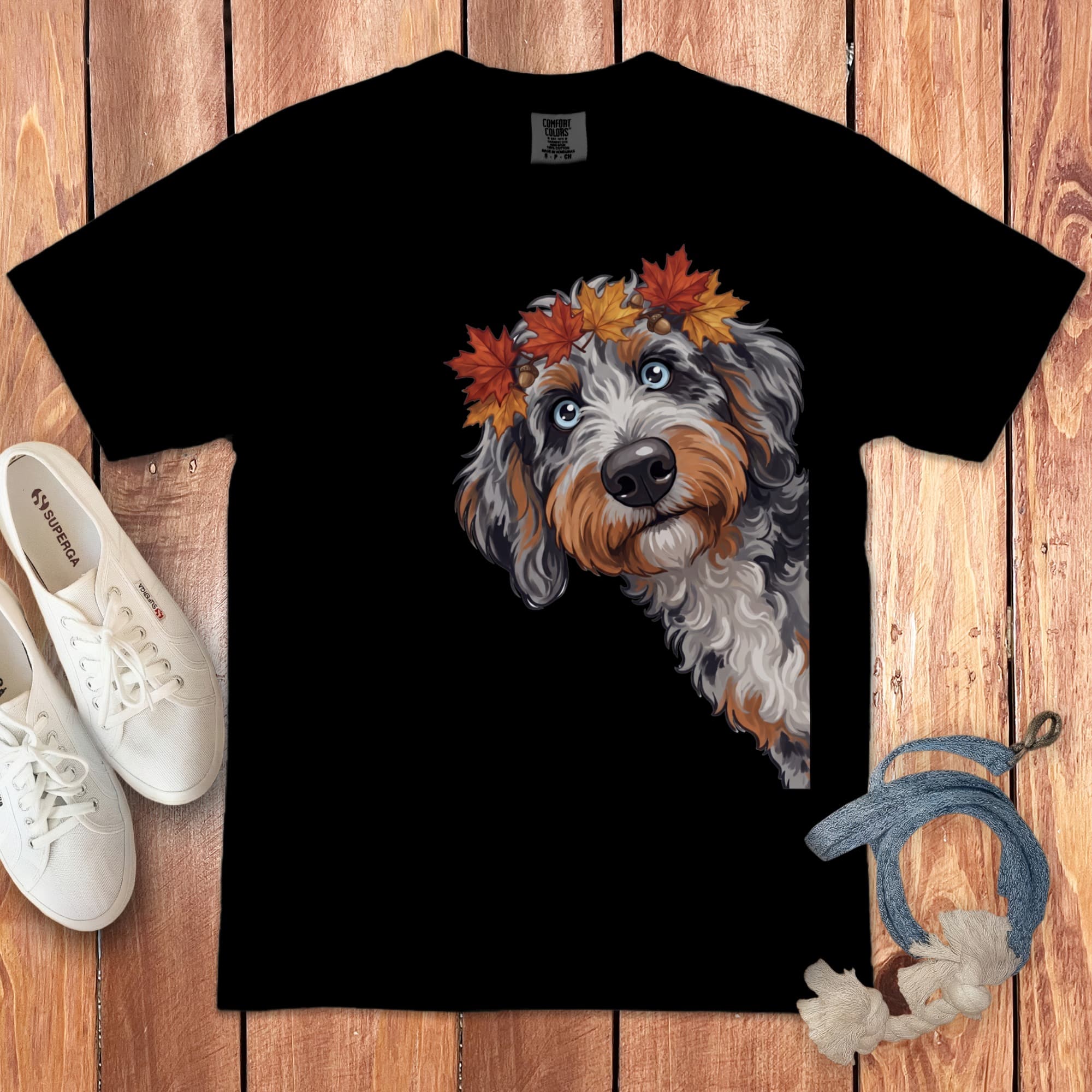 Fall Crown Aussiedoodle Signature T-Shirt in Black / S / T-Shirts by Puppy Jo