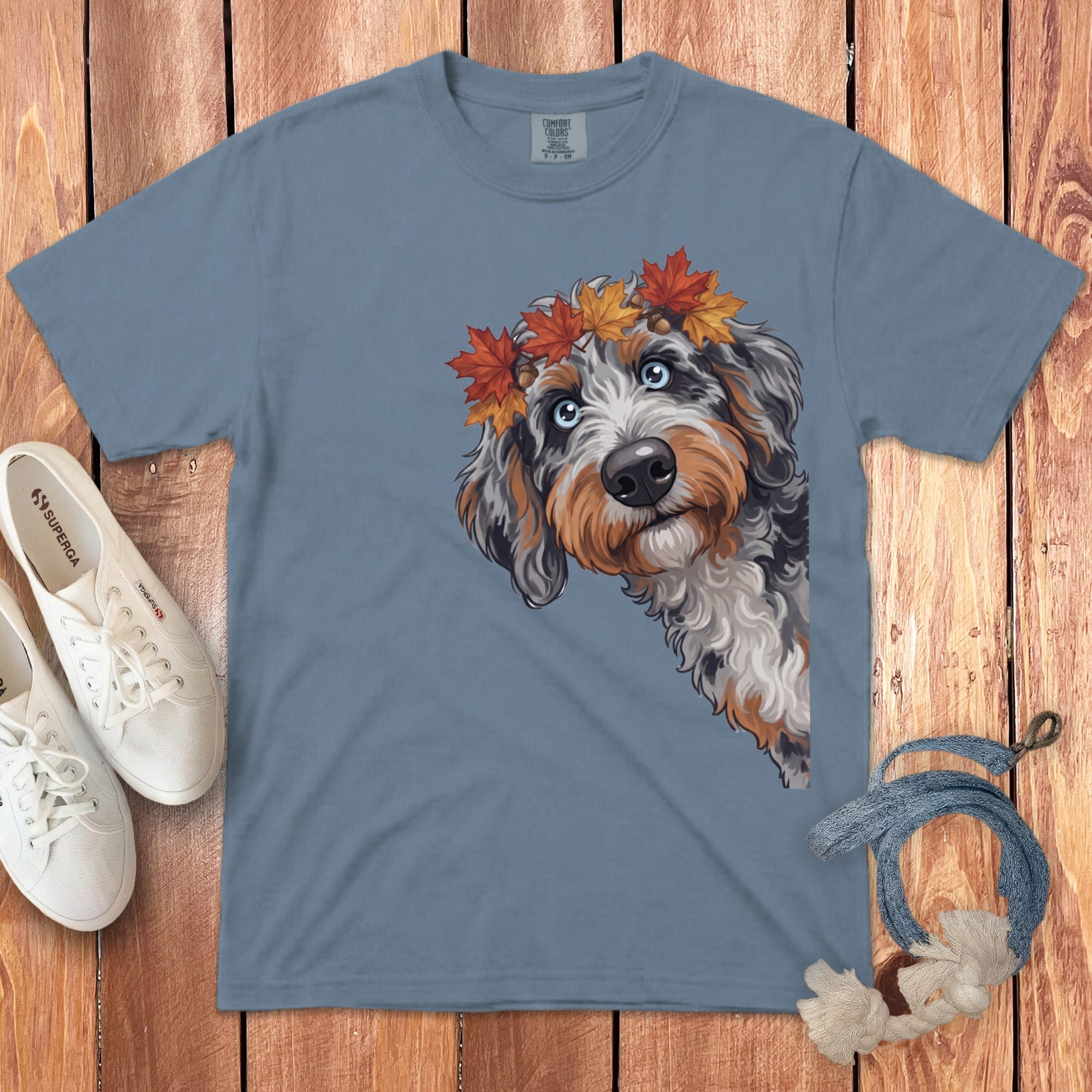 Fall Crown Aussiedoodle Signature T-Shirt in Blue Jean / S / T-Shirts by Puppy Jo