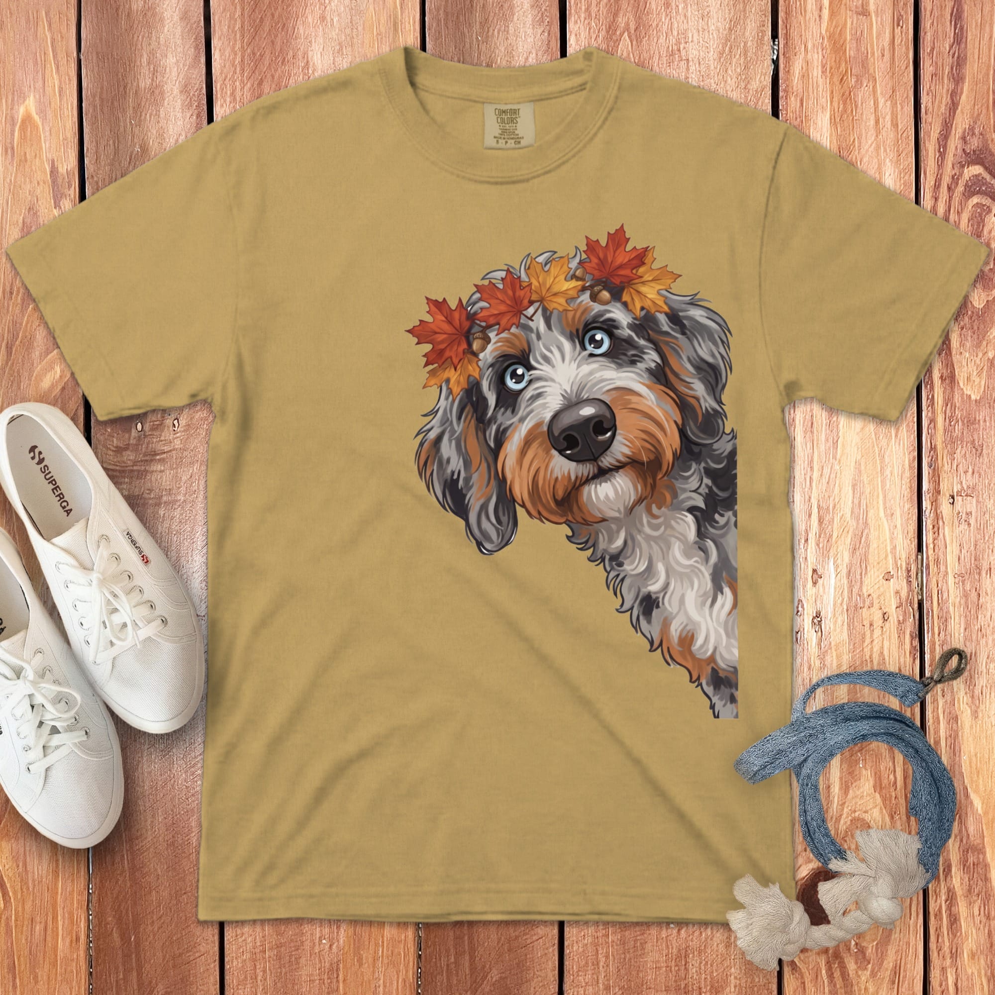 Fall Crown Aussiedoodle Signature T-Shirt in Mustard / S / T-Shirts by Puppy Jo
