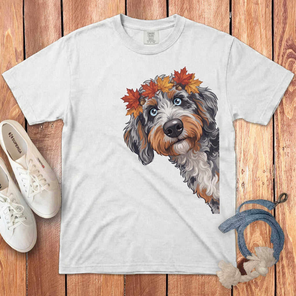 Fall Crown Aussiedoodle Signature T-Shirt in White / S / T-Shirts by Puppy Jo