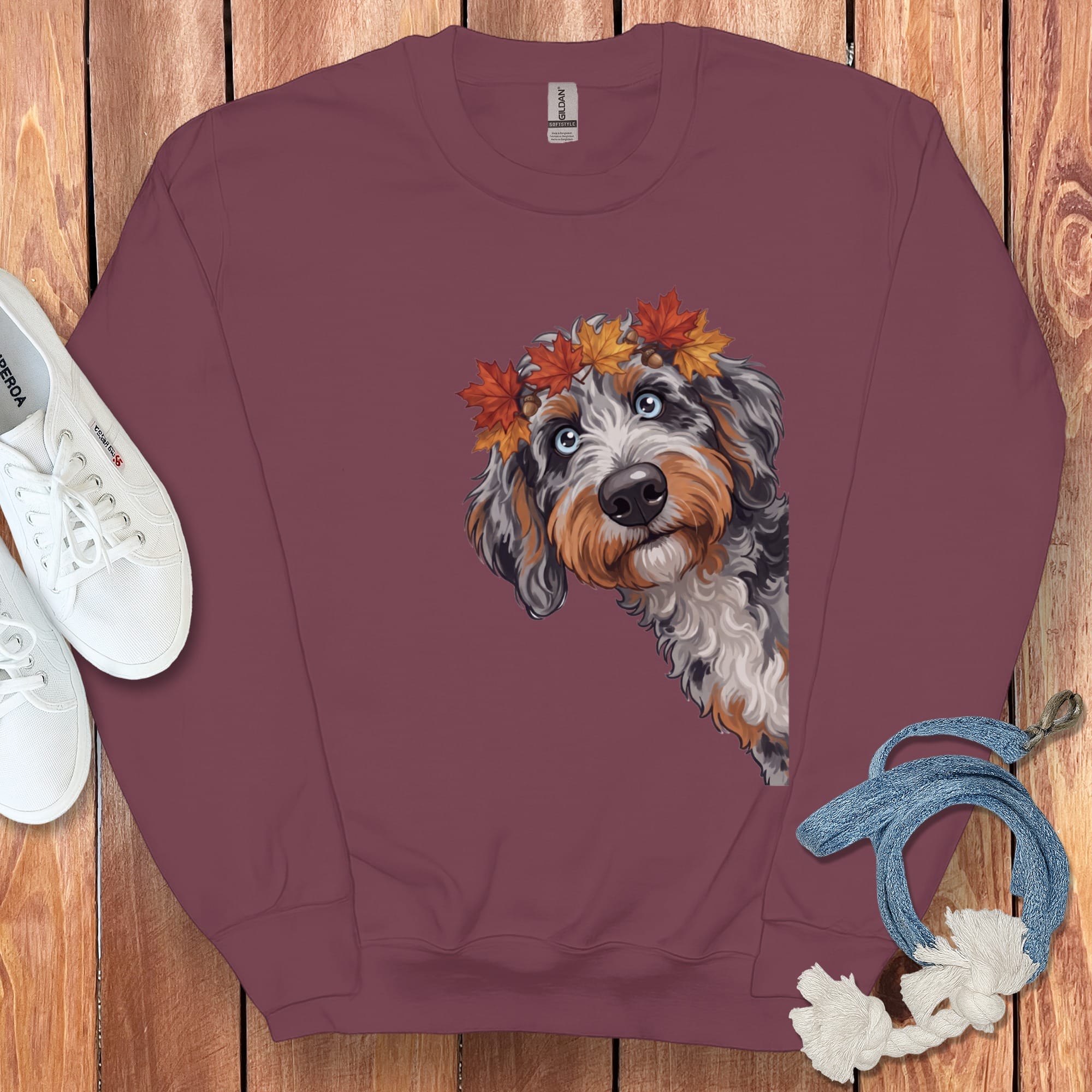 Fall Crown Aussiedoodle Sweatshirt in Maroon / S by Puppy Jo