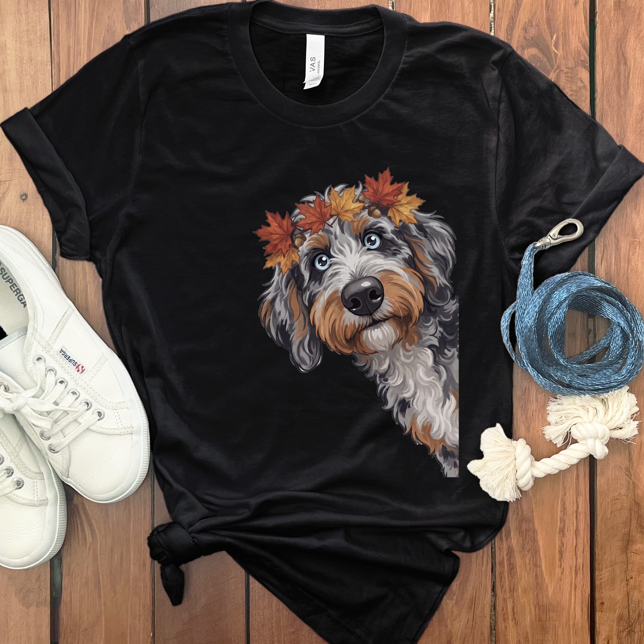 Fall Crown Aussiedoodle T-Shirt in Black / S by Puppy Jo