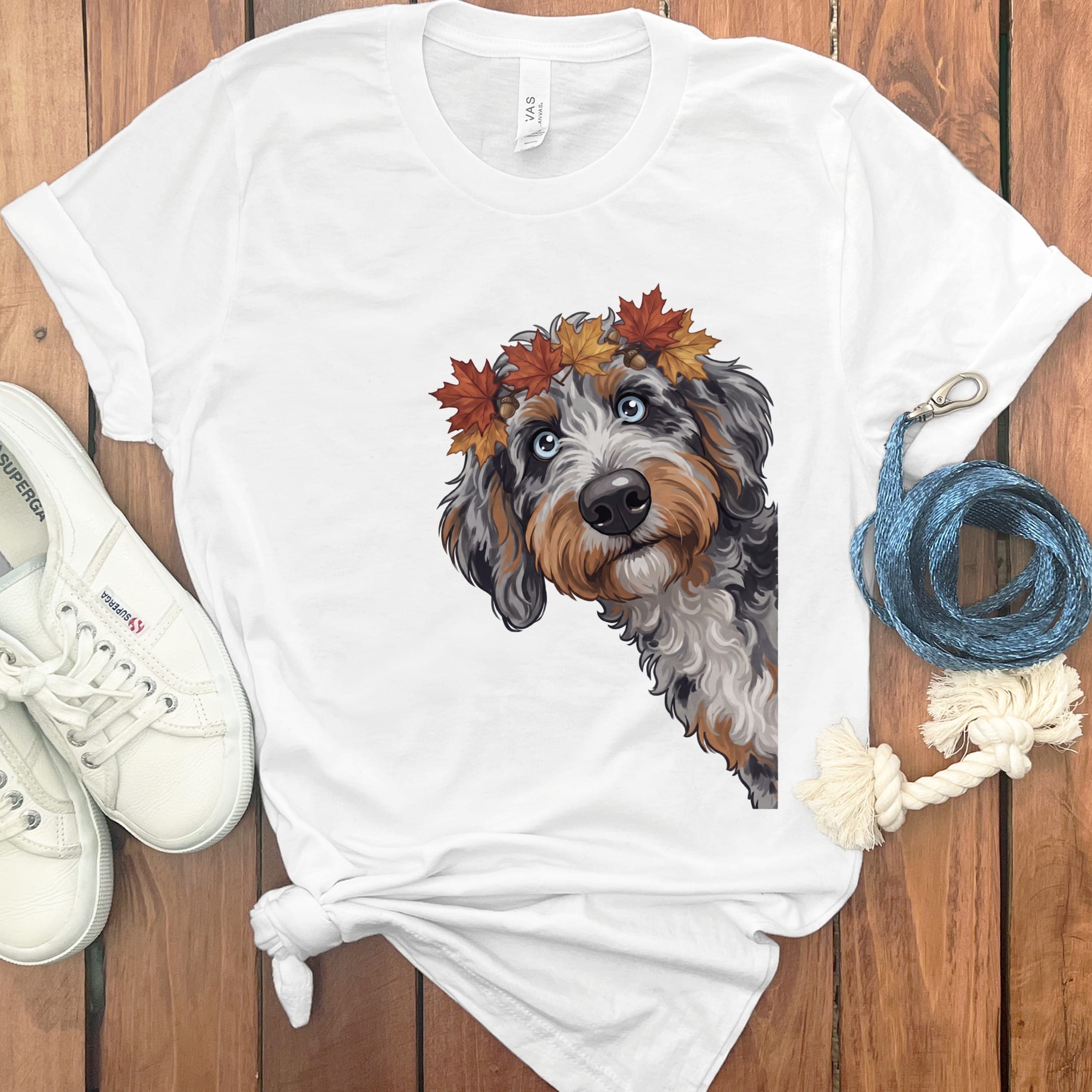 Fall Crown Aussiedoodle T-Shirt in White / S by Puppy Jo