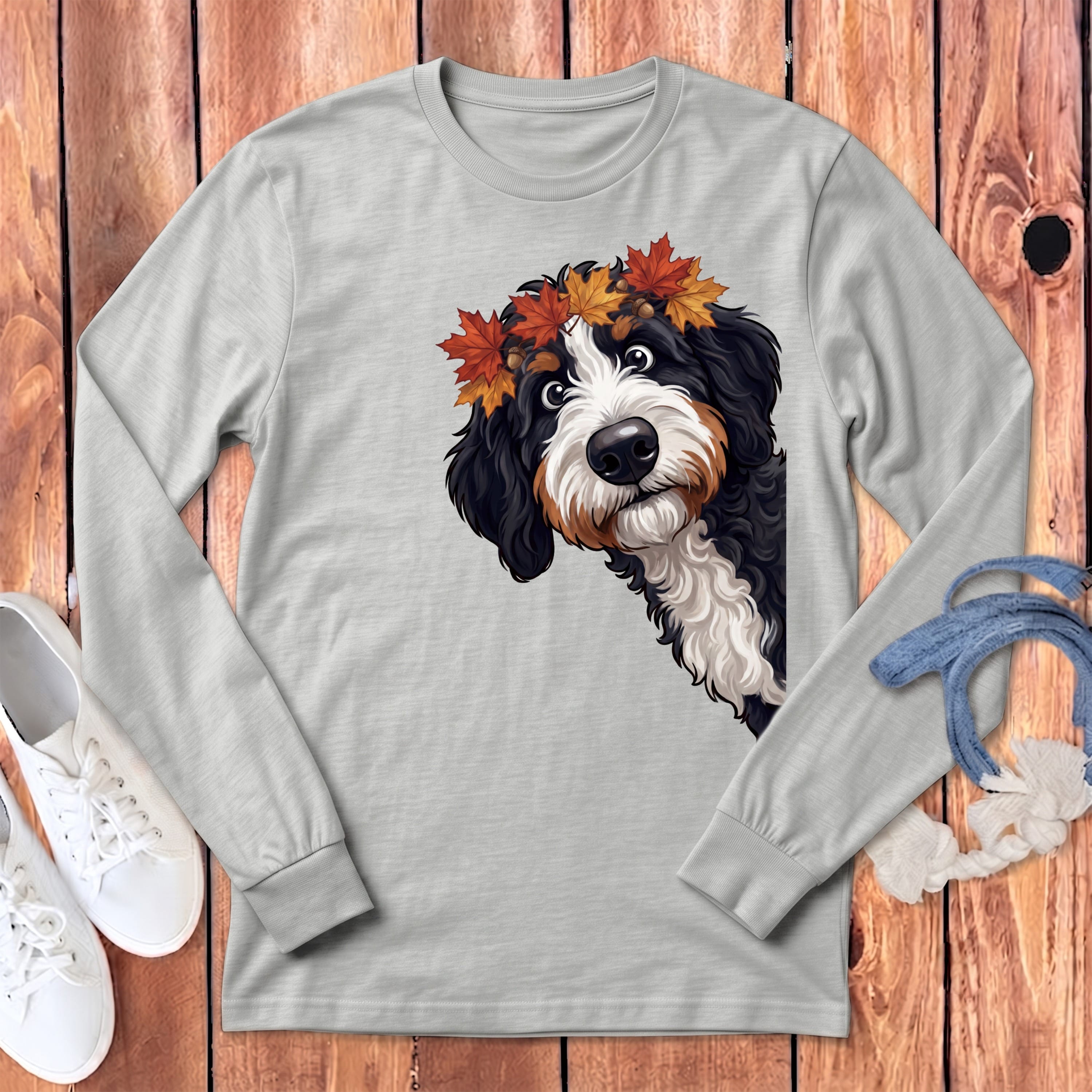 Fall Crown Bernedoodle Long Sleeve T-Shirt in Athletic Heather / S by Puppy Jo