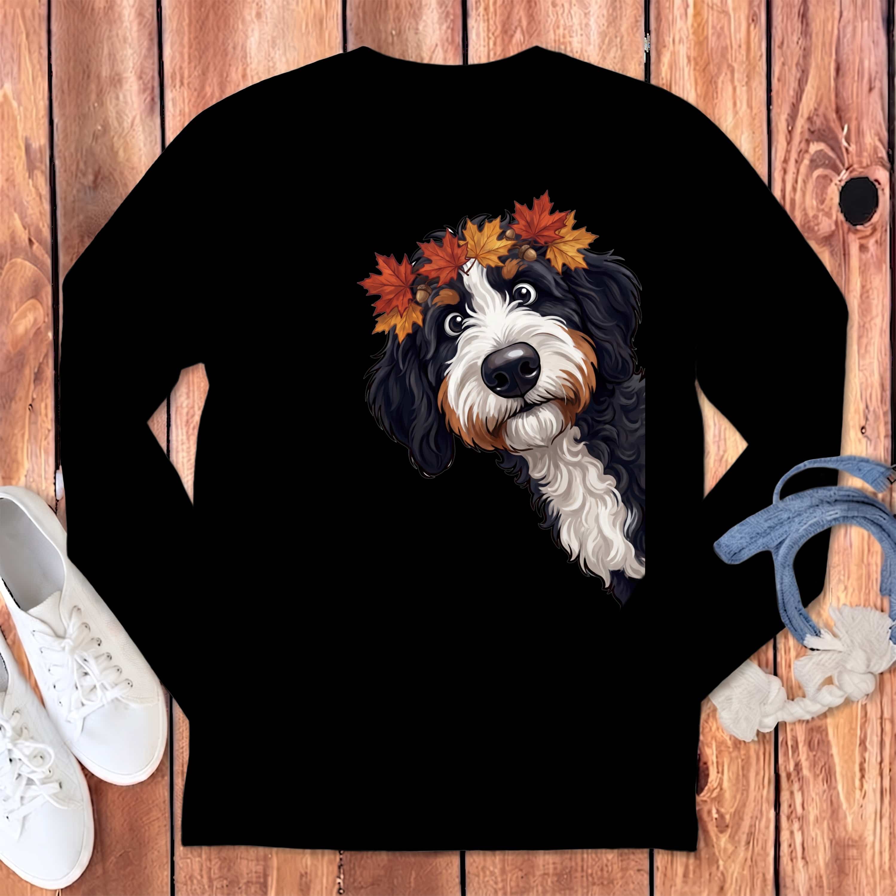 Fall Crown Bernedoodle Long Sleeve T-Shirt in Black / S by Puppy Jo