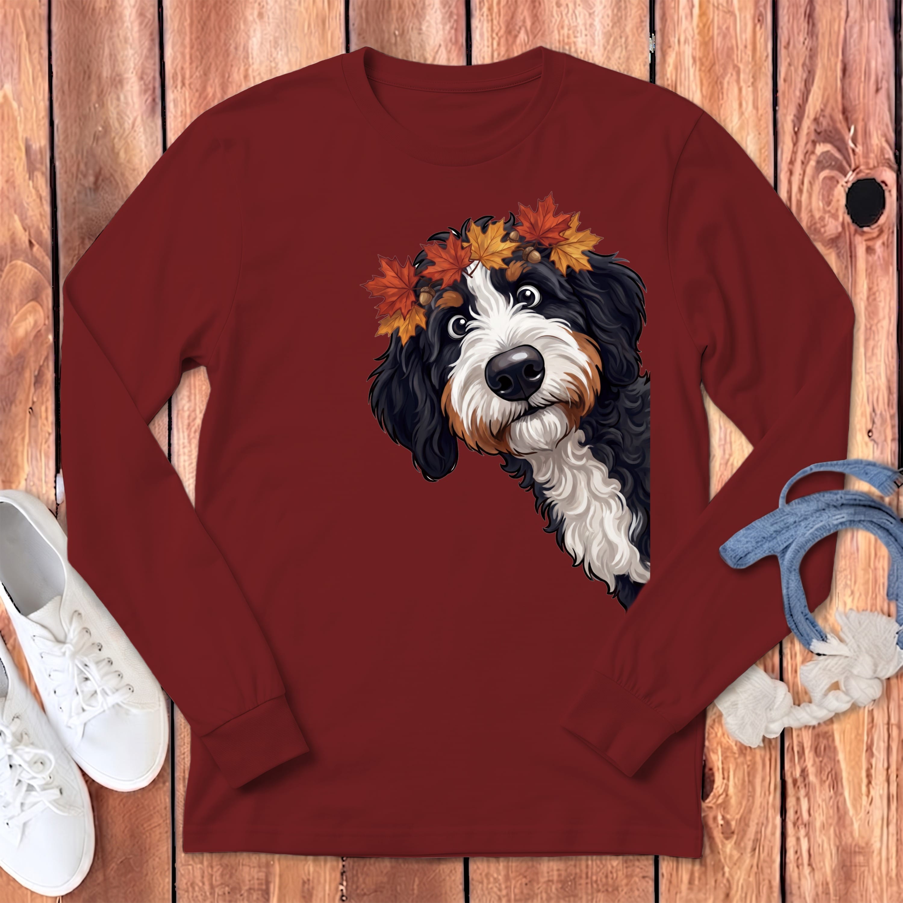 Fall Crown Bernedoodle Long Sleeve T-Shirt in Cardinal / S by Puppy Jo