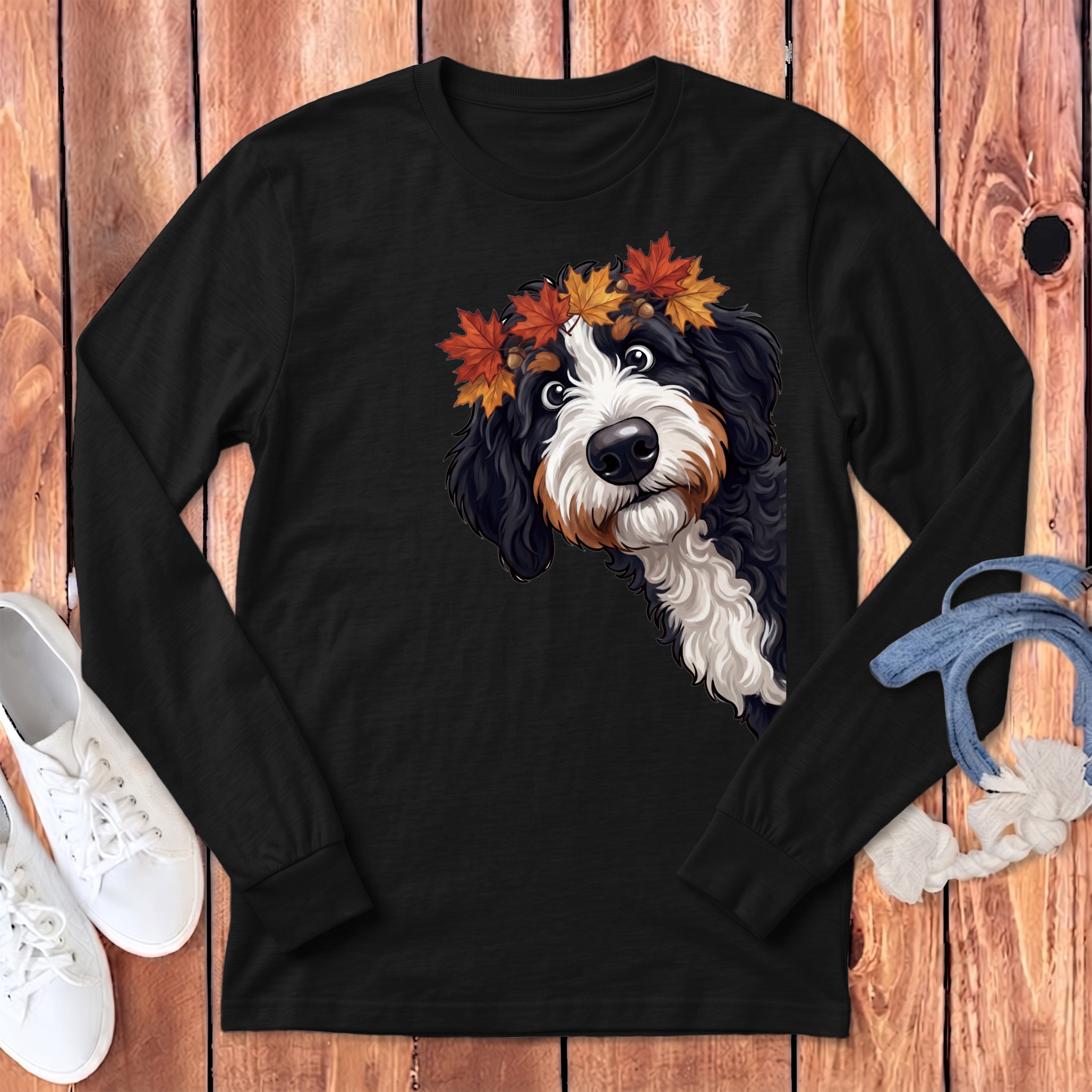 Fall Crown Bernedoodle Long Sleeve T-Shirt in Dark Grey Heather / S by Puppy Jo