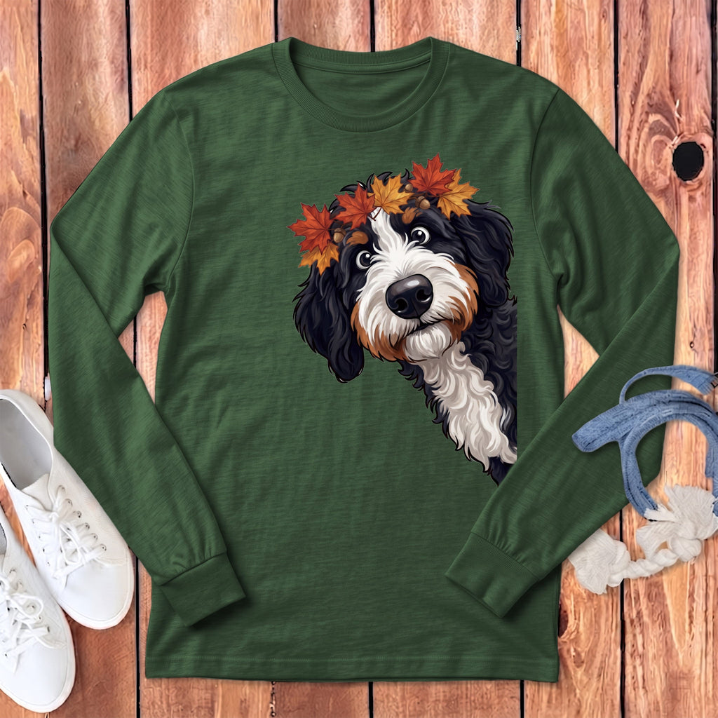 Fall Crown Bernedoodle Long Sleeve T-Shirt in Heather Forest / S by Puppy Jo