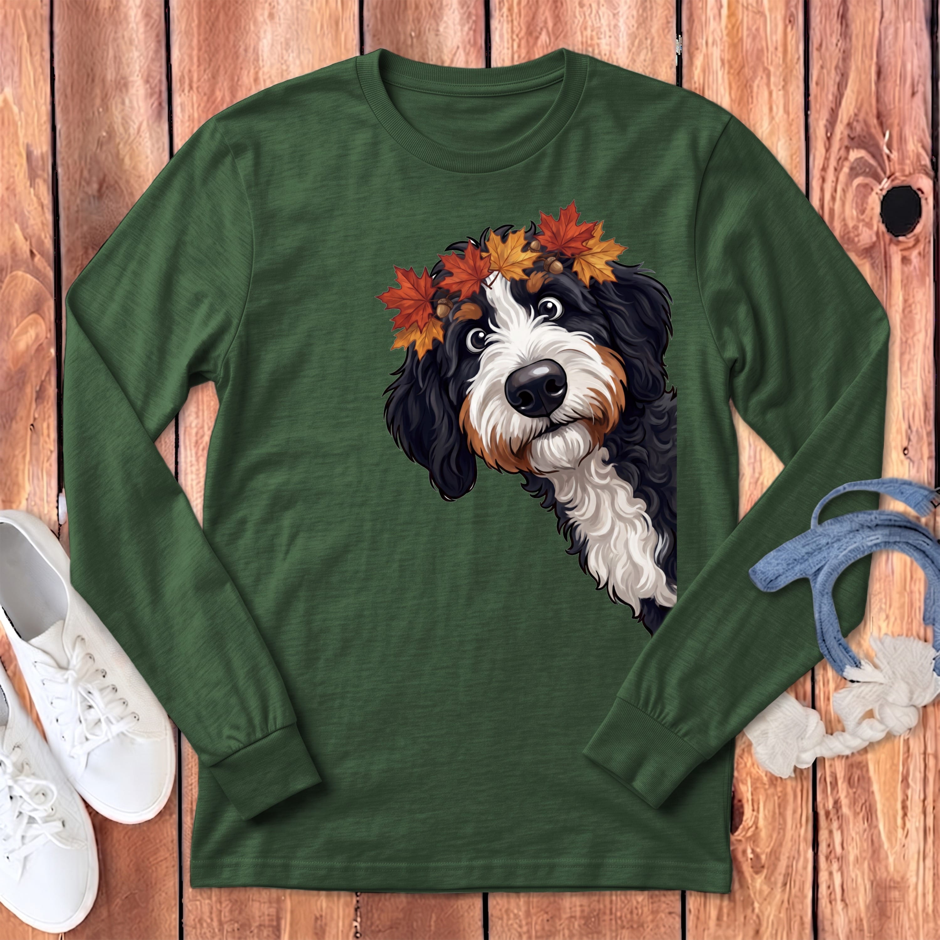 Fall Crown Bernedoodle Long Sleeve T-Shirt in Heather Forest / S by Puppy Jo