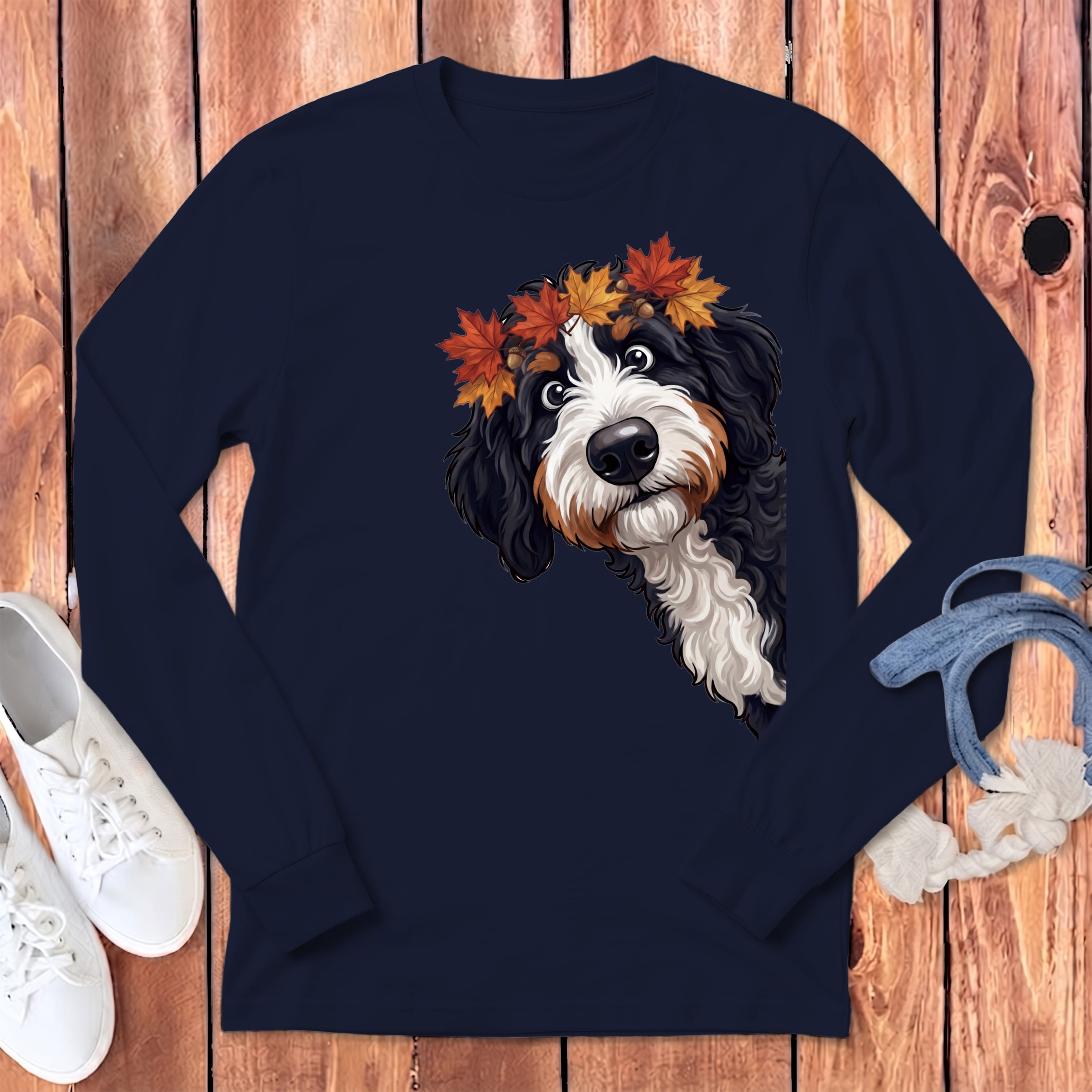 Fall Crown Bernedoodle Long Sleeve T-Shirt in Navy / S by Puppy Jo