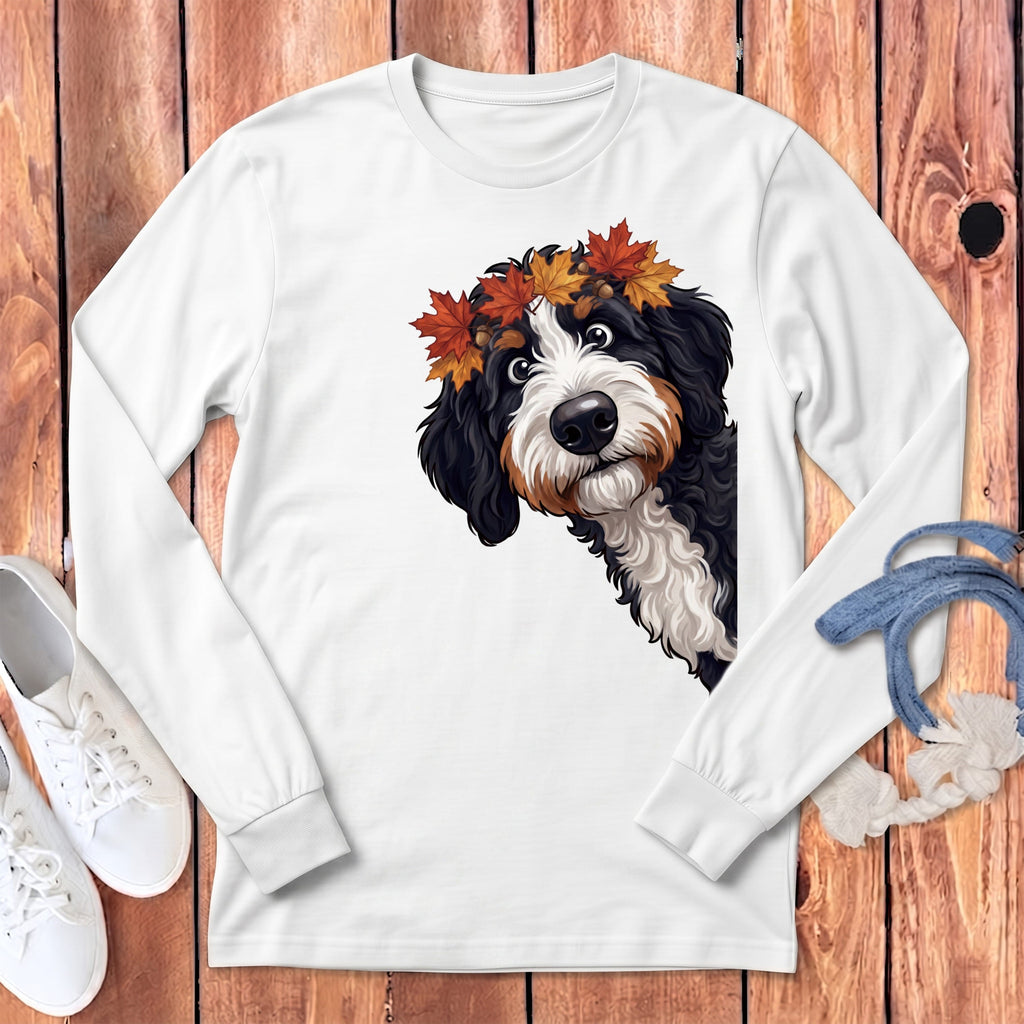 Fall Crown Bernedoodle Long Sleeve T-Shirt in White / S by Puppy Jo