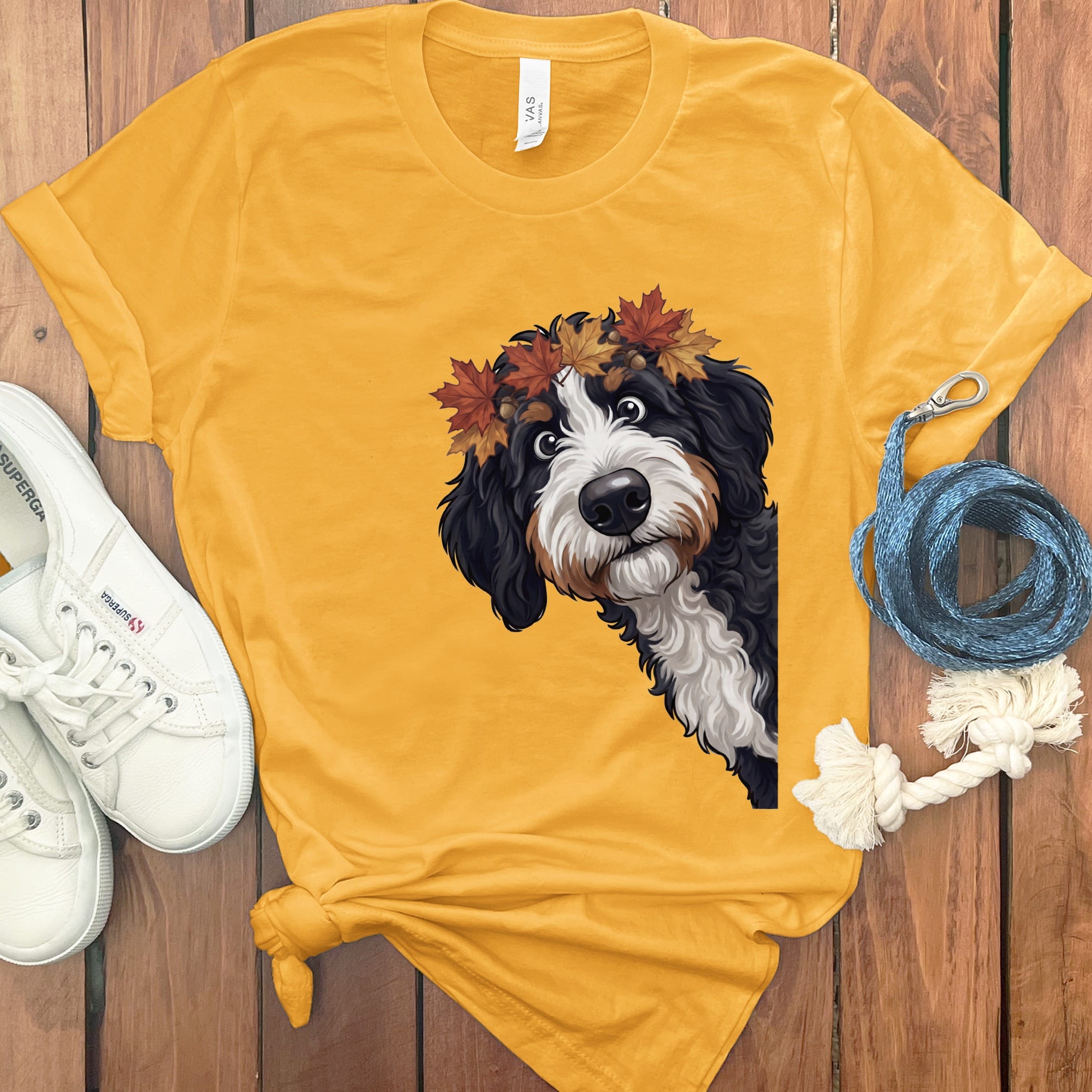 Fall Crown Bernedoodle T-Shirt in Gold / S by Puppy Jo