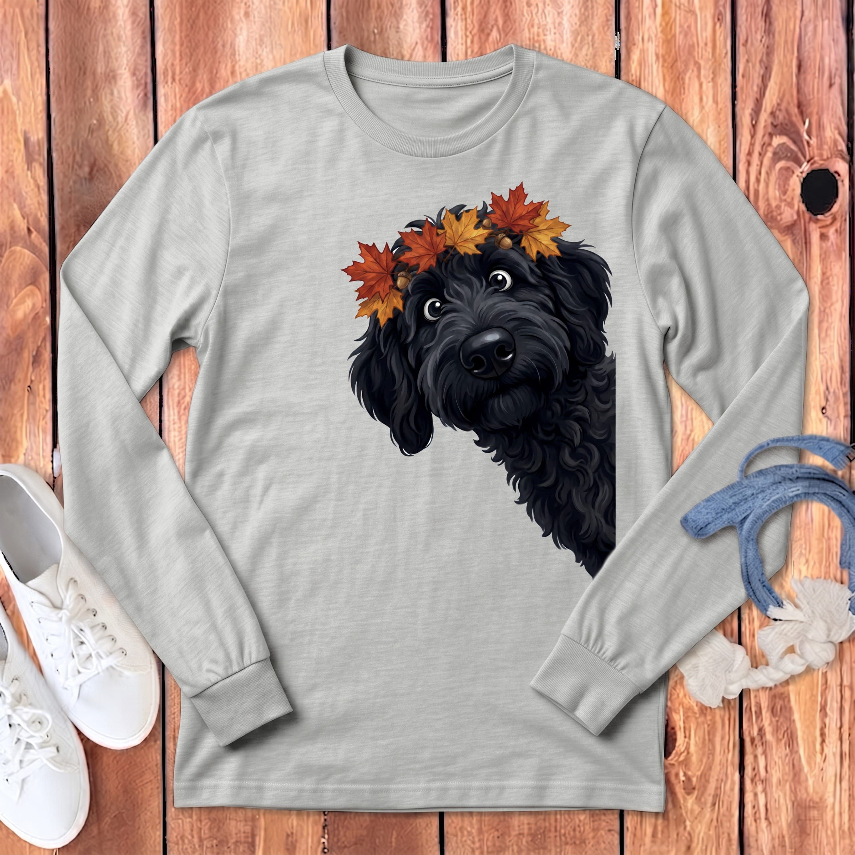 Fall Crown Black Goldendoodle Long Sleeve T-Shirt in Athletic Heather / S by Puppy Jo