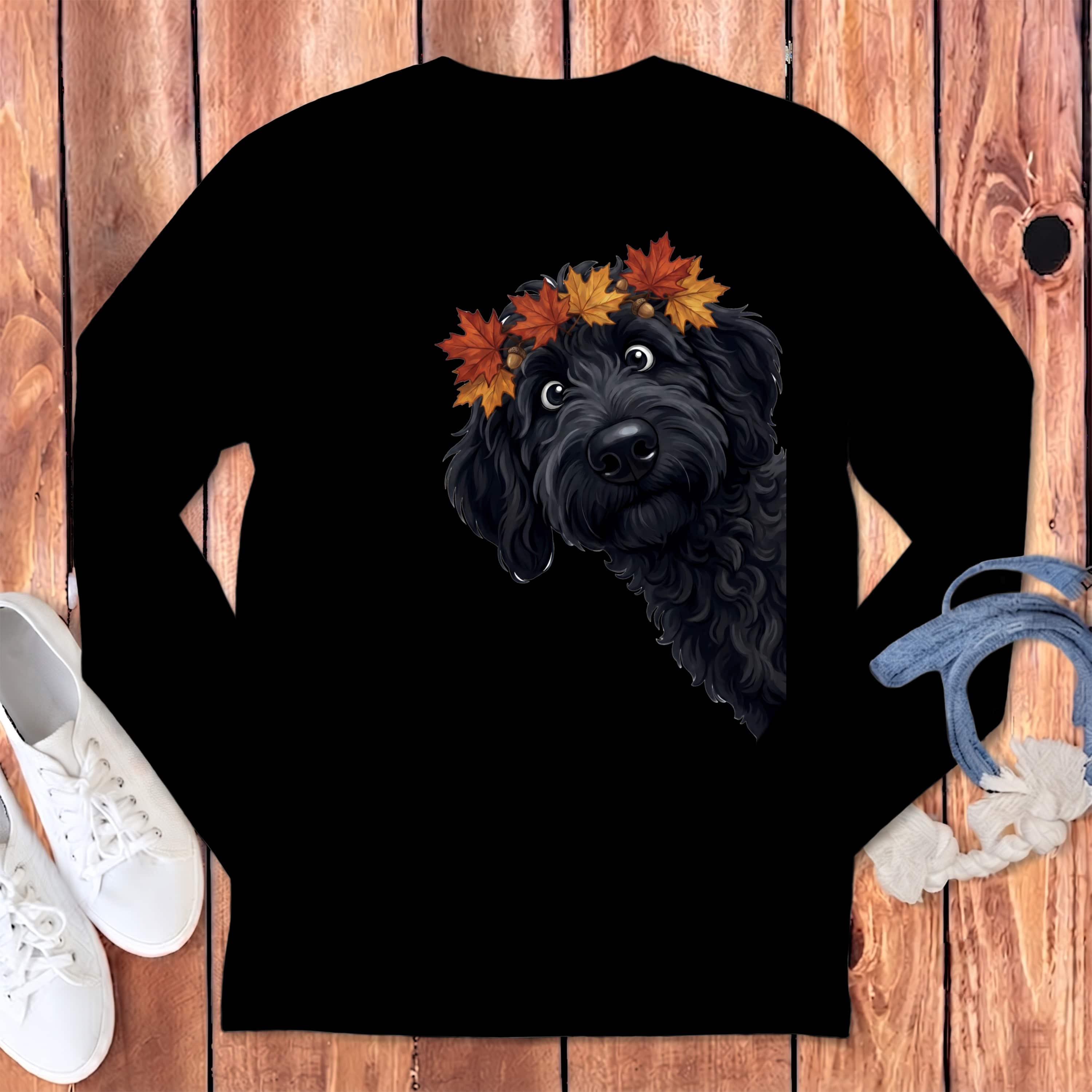 Fall Crown Black Goldendoodle Long Sleeve T-Shirt in Black / S by Puppy Jo