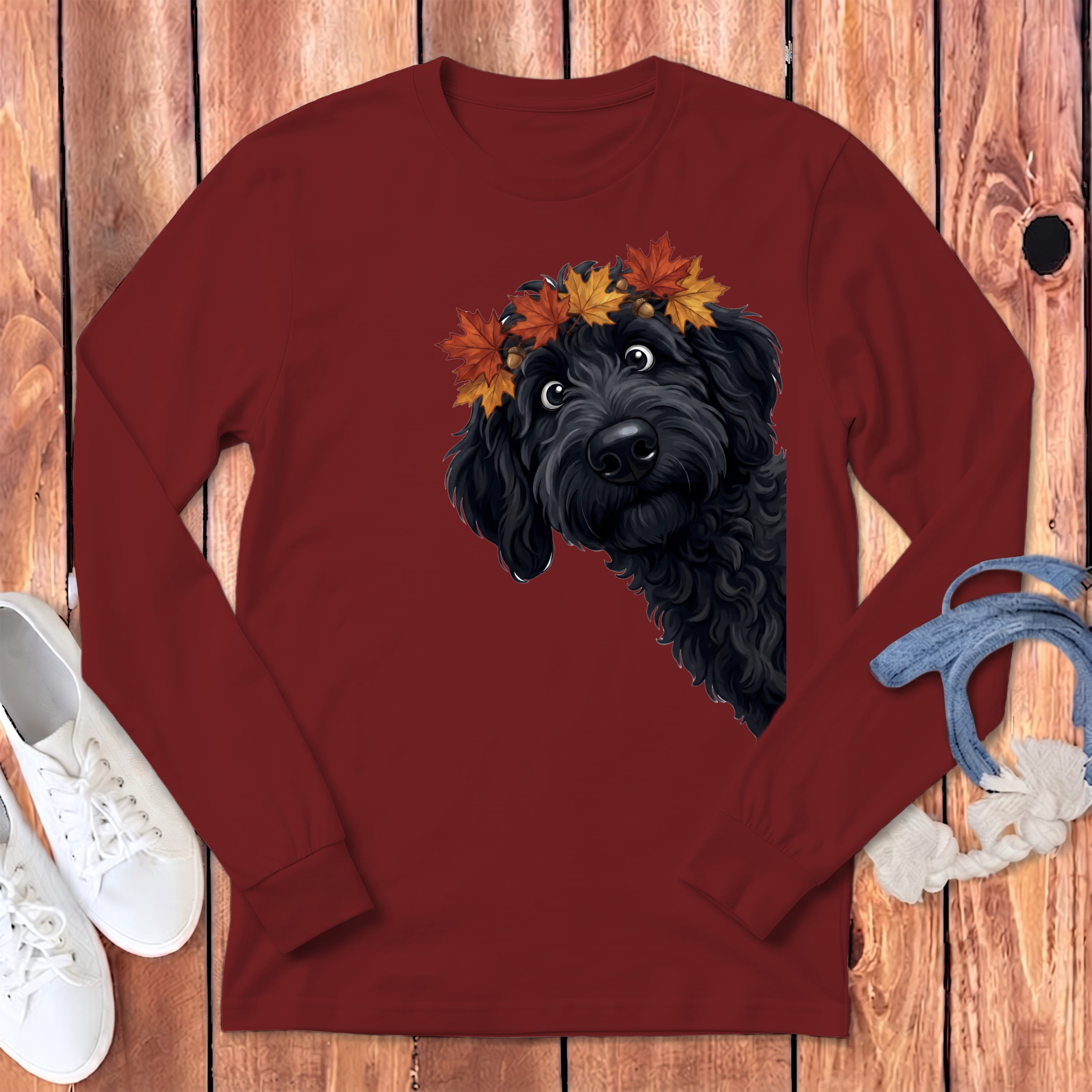 Fall Crown Black Goldendoodle Long Sleeve T-Shirt in Cardinal / S by Puppy Jo