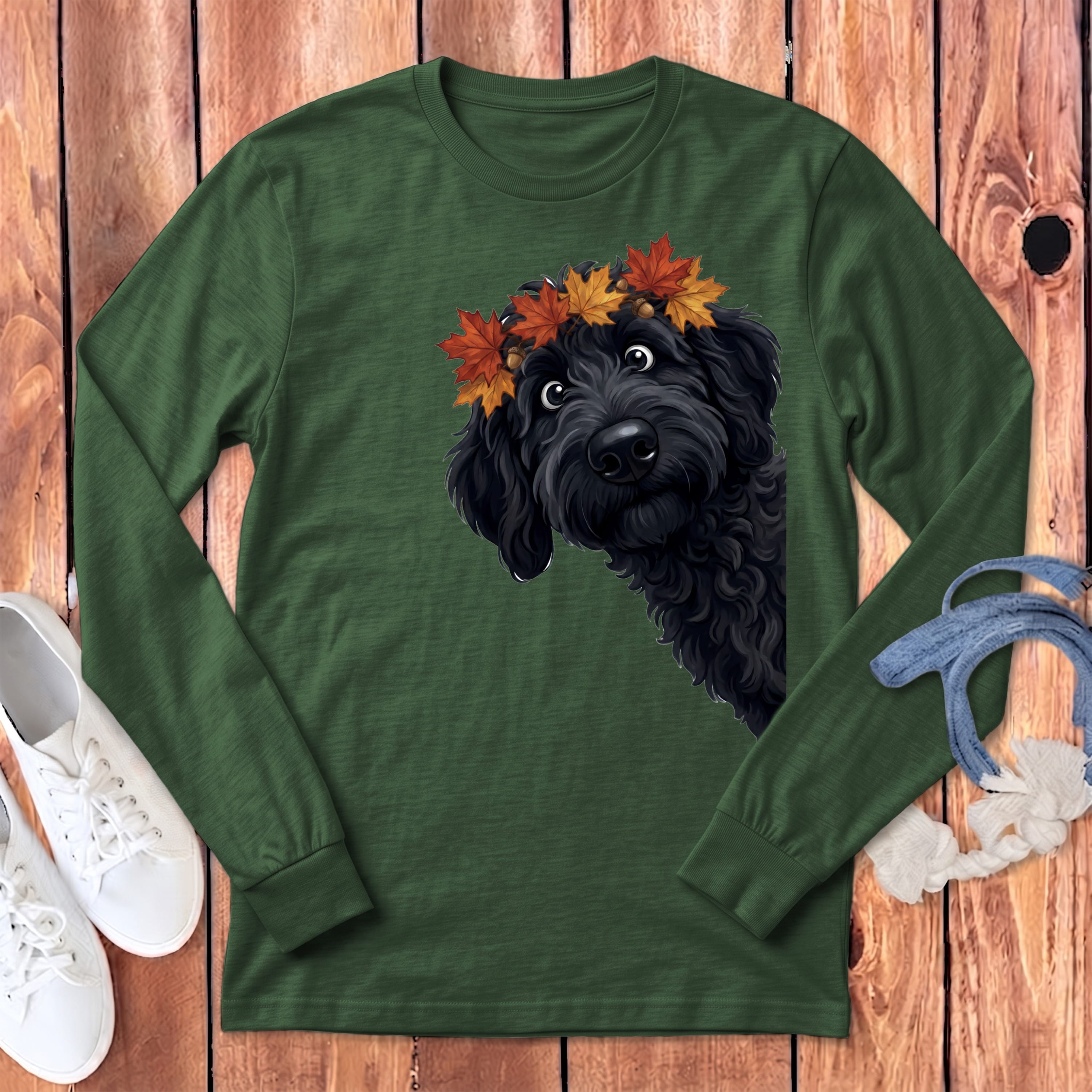 Fall Crown Black Goldendoodle Long Sleeve T-Shirt in Heather Forest / S by Puppy Jo