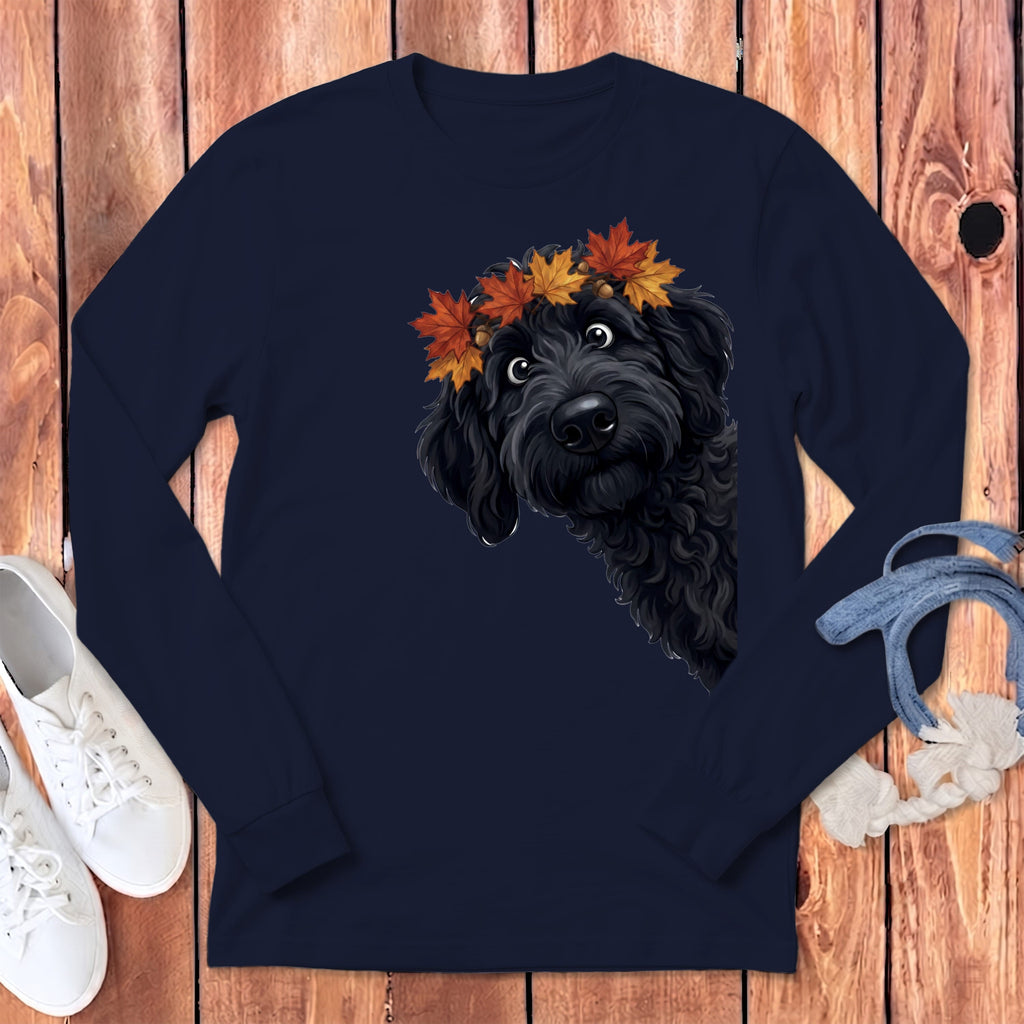 Fall Crown Black Goldendoodle Long Sleeve T-Shirt in Navy / S by Puppy Jo
