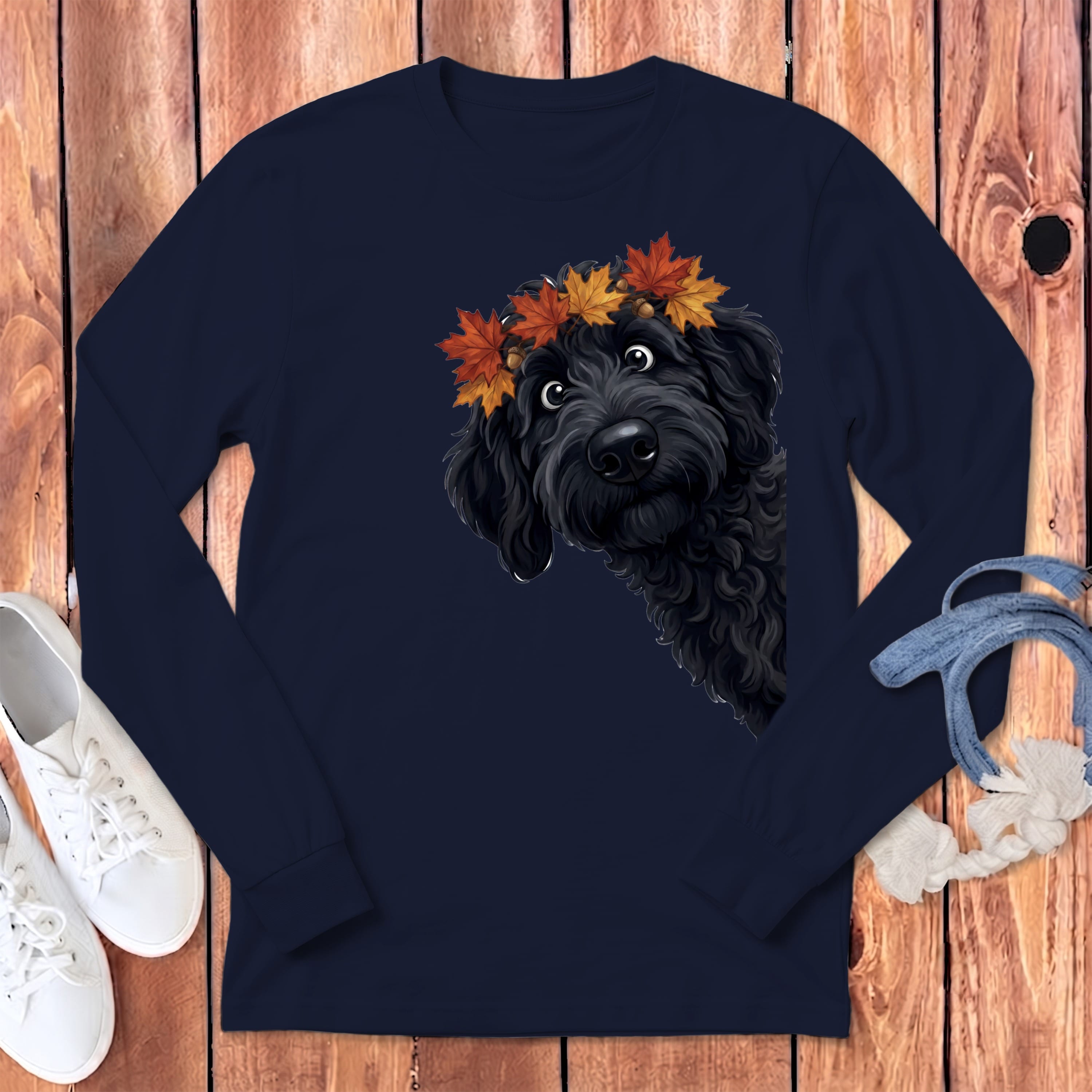 Fall Crown Black Goldendoodle Long Sleeve T-Shirt in Navy / S by Puppy Jo