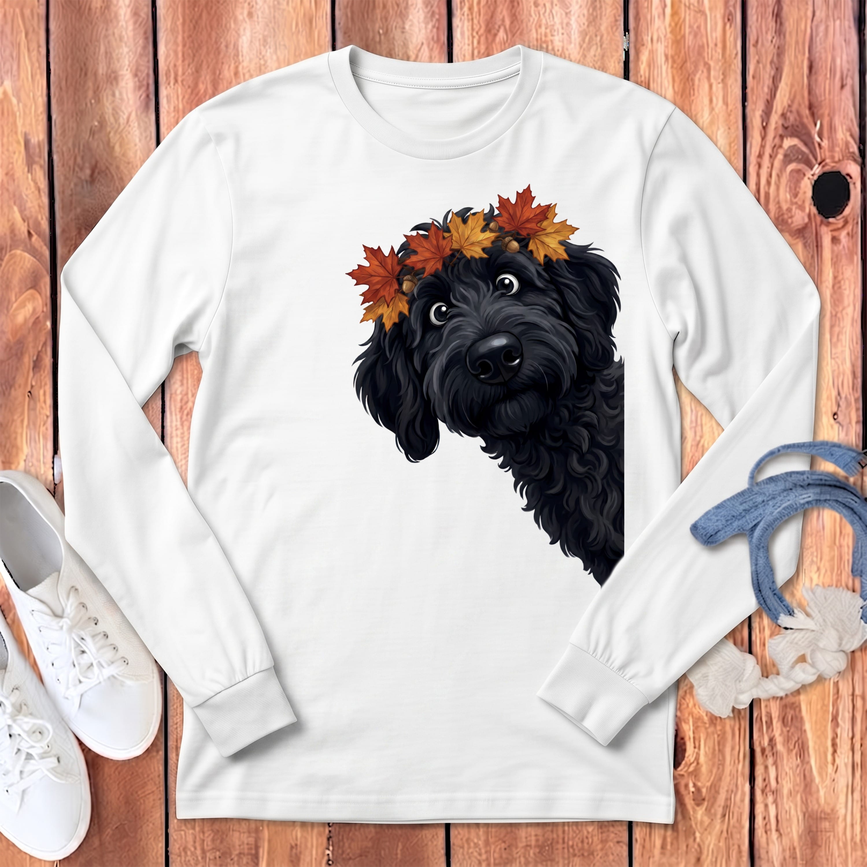 Fall Crown Black Goldendoodle Long Sleeve T-Shirt in White / S by Puppy Jo