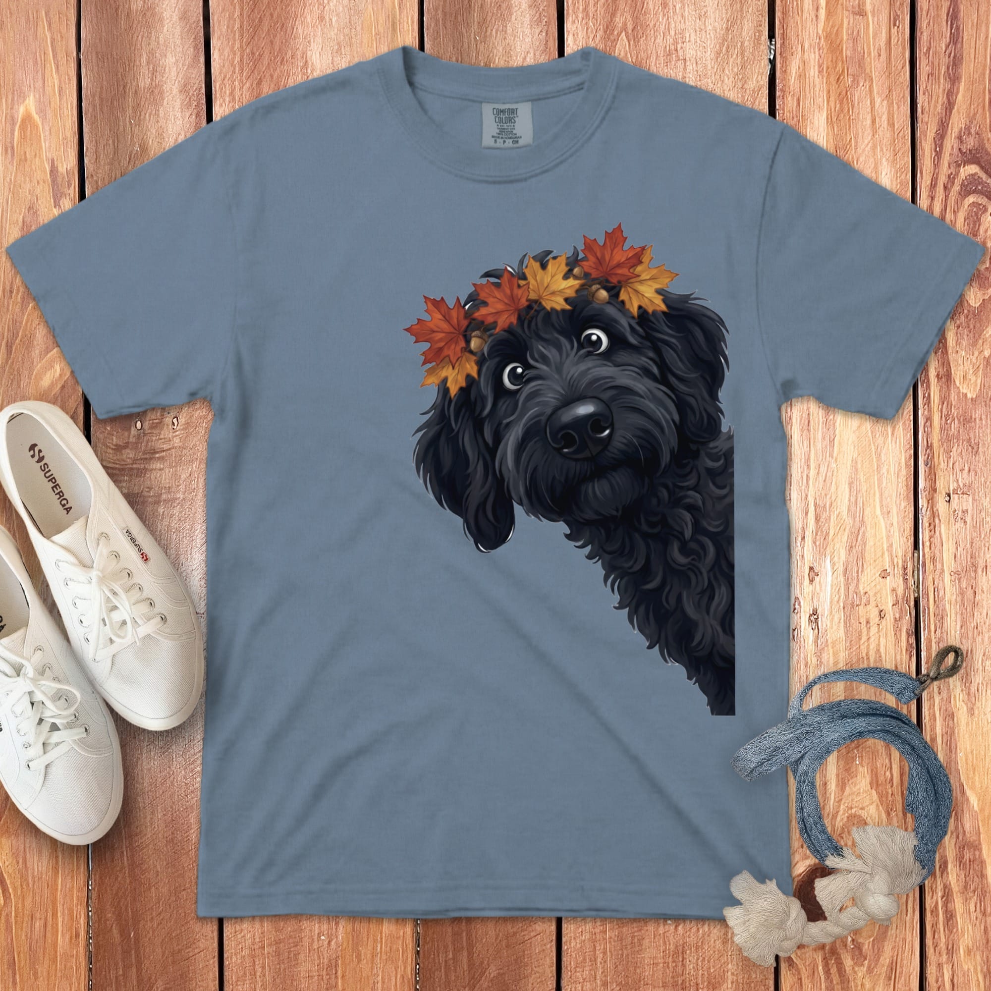 Fall Crown Black Goldendoodle Signature T-Shirt in Blue Jean / S / T-Shirts by Puppy Jo