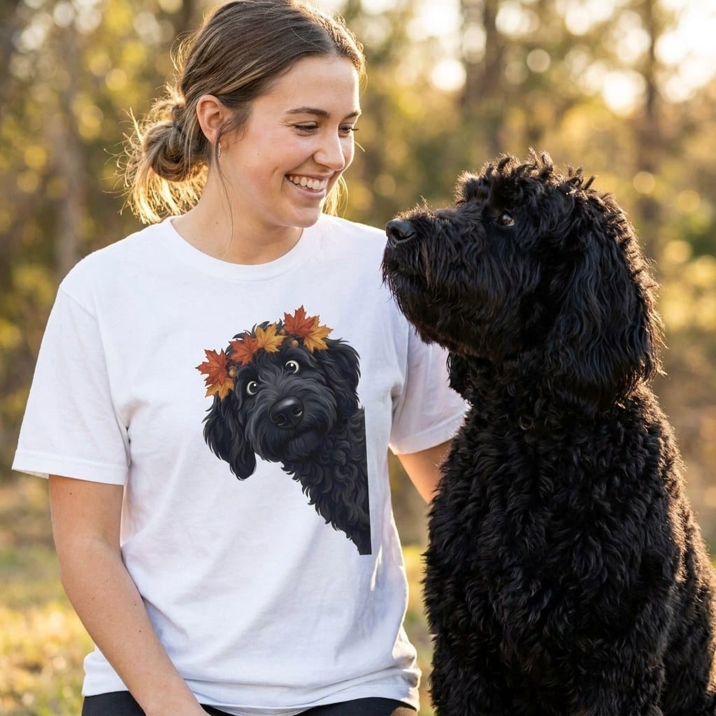 Fall Crown Black Goldendoodle Signature T-Shirt in by Puppy Jo