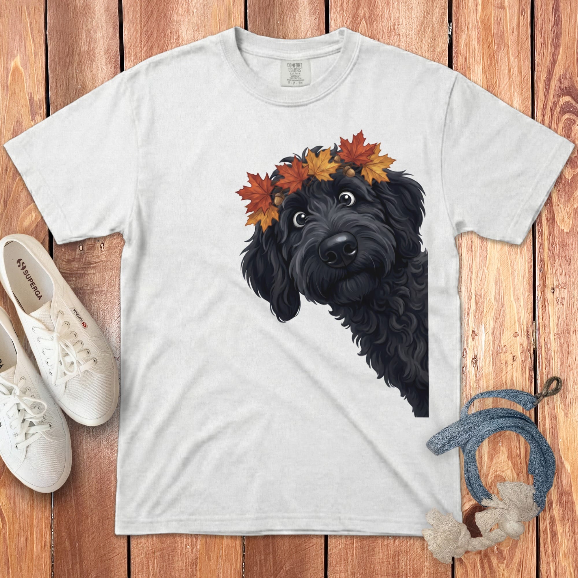 Fall Crown Black Goldendoodle Signature T-Shirt in White / S / T-Shirts by Puppy Jo