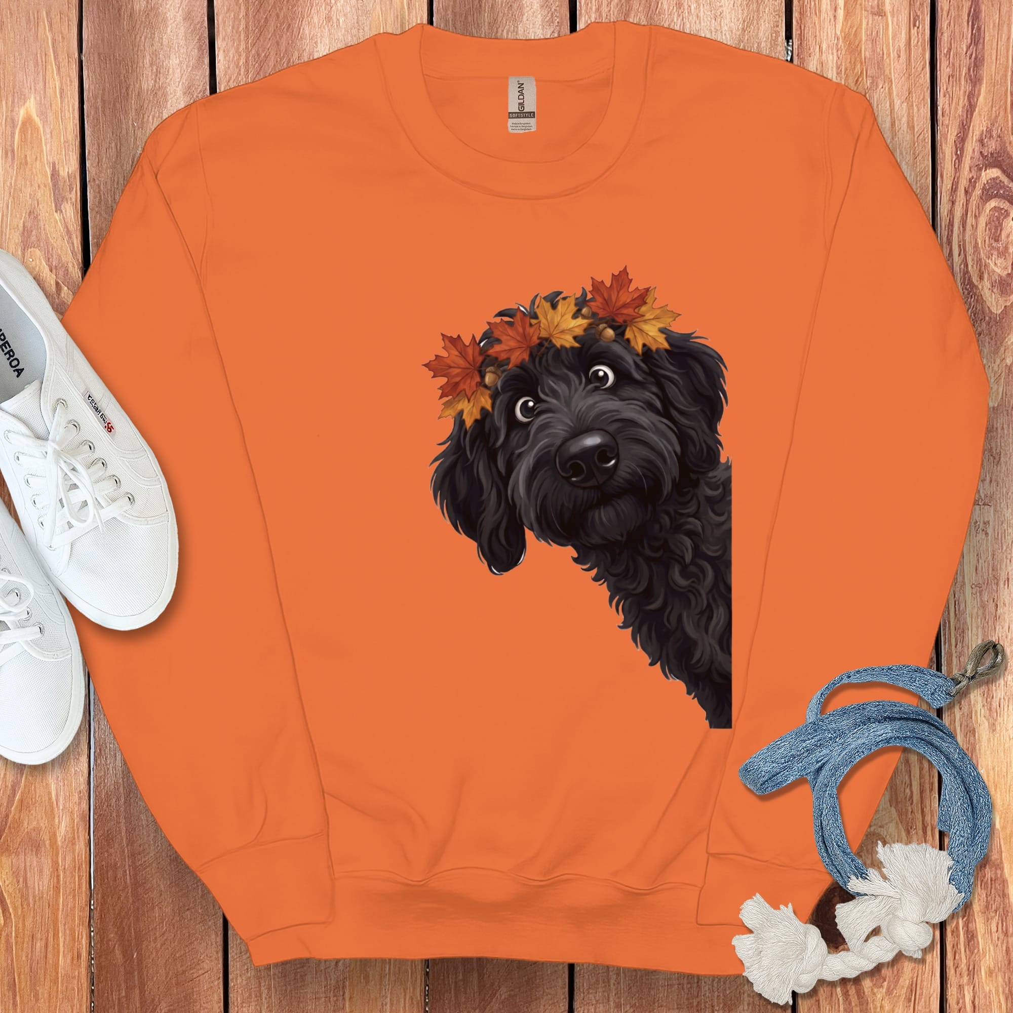 Fall Crown Black Goldendoodle Sweatshirt in Orange / M by Puppy Jo