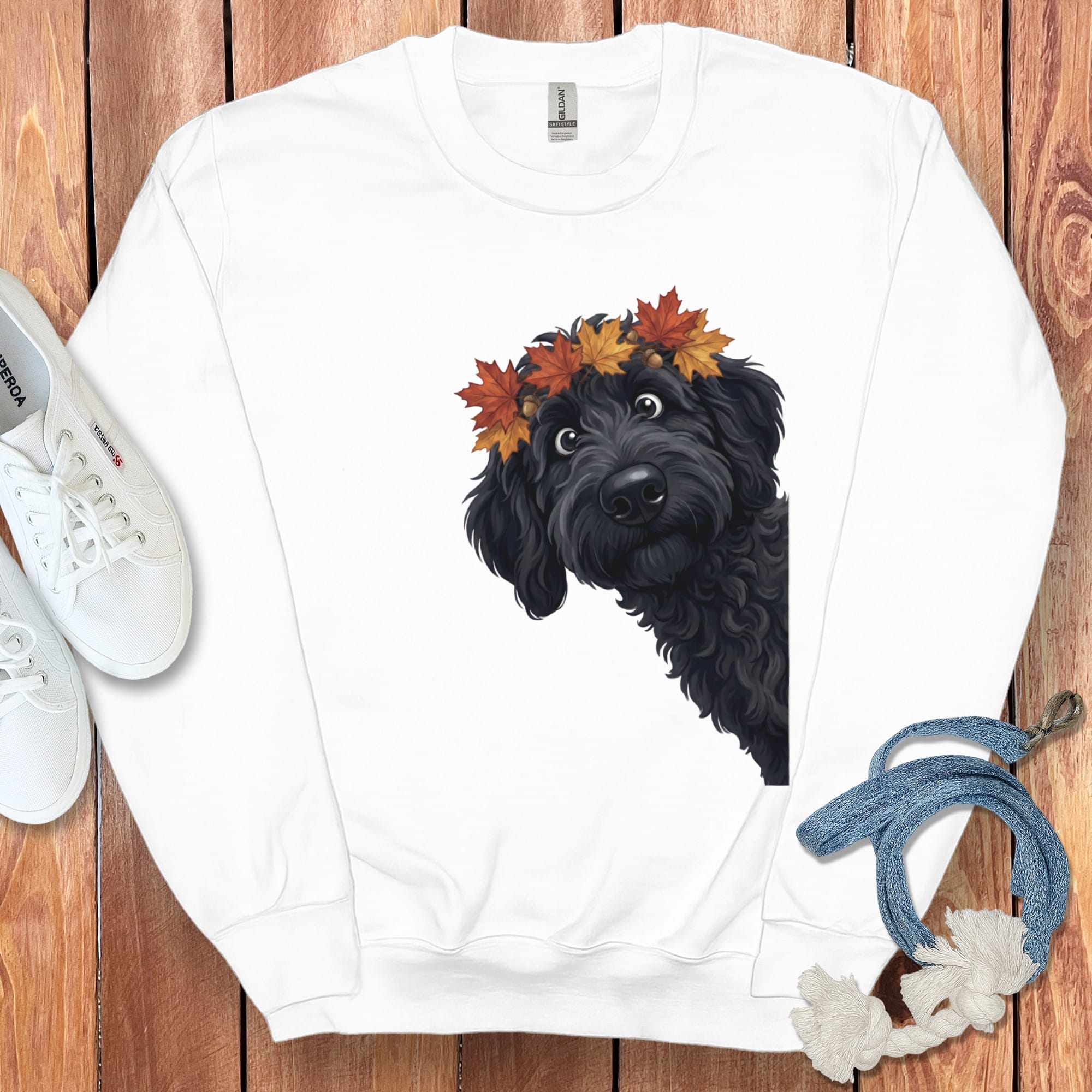 Fall Crown Black Goldendoodle Sweatshirt in White / S by Puppy Jo