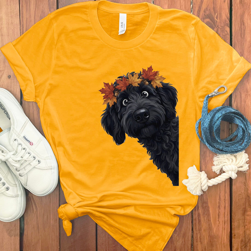 Fall Crown Black Goldendoodle T-Shirt in Gold / S by Puppy Jo