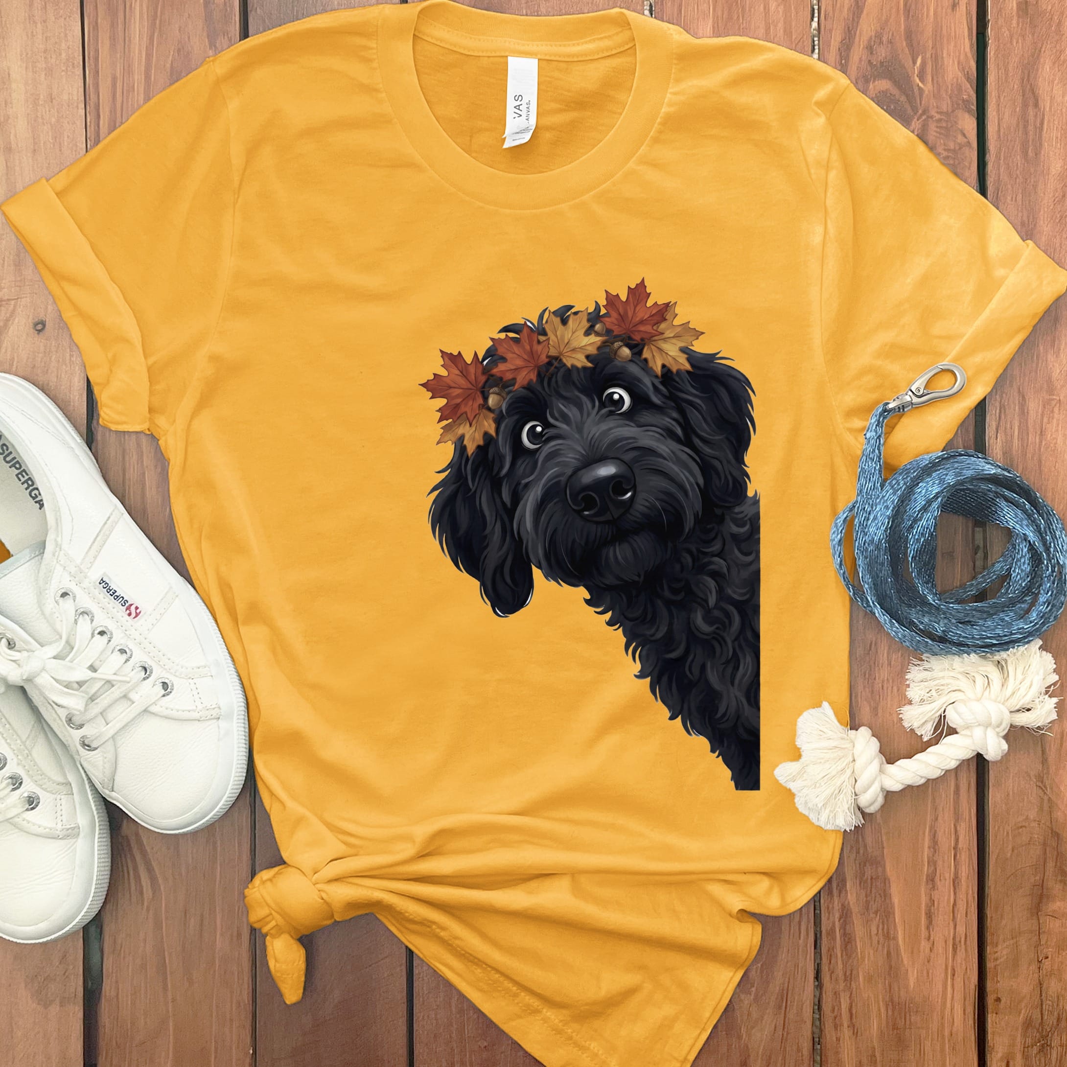 Fall Crown Black Goldendoodle T-Shirt in Gold / S by Puppy Jo