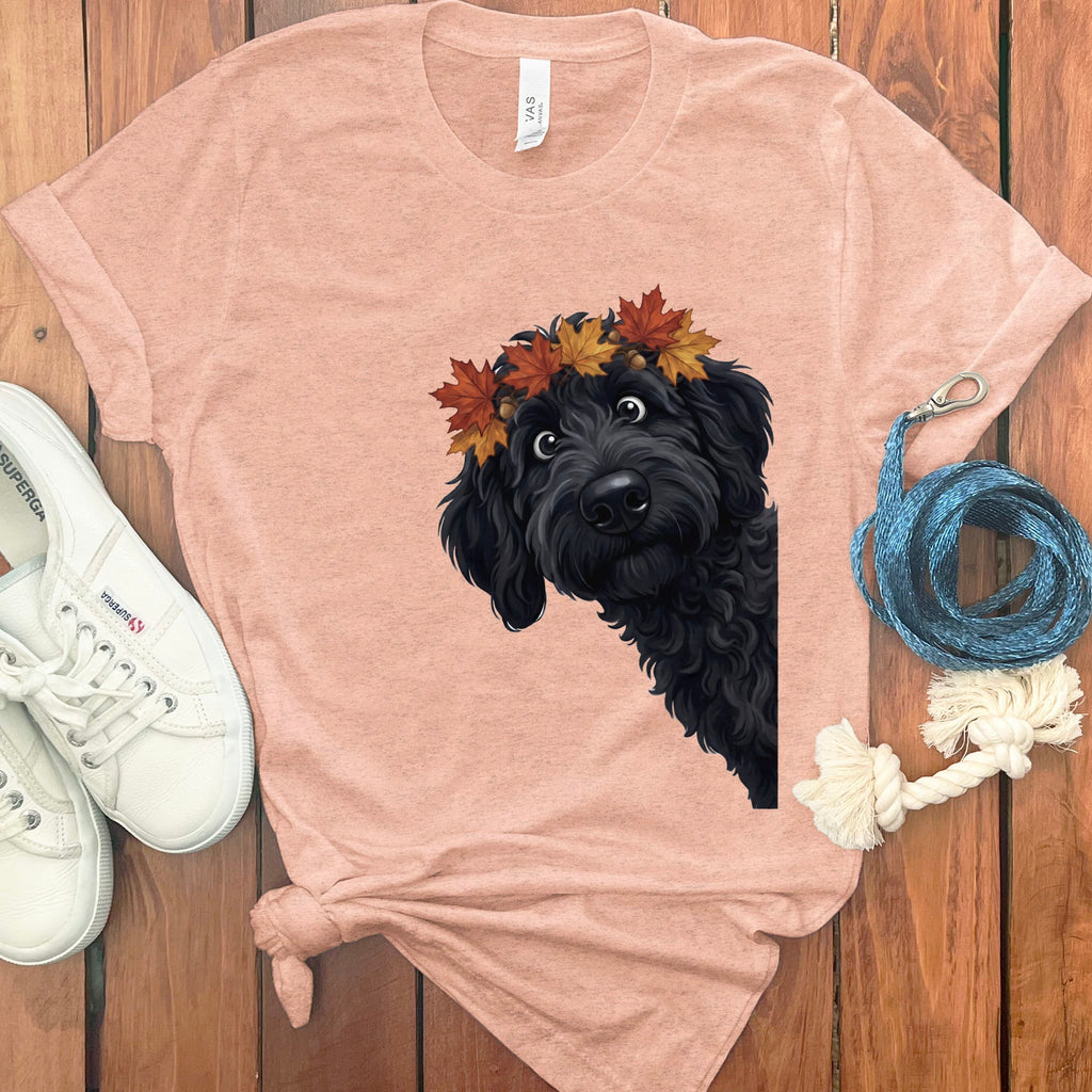Fall Crown Black Goldendoodle T-Shirt in Heather Peach / S by Puppy Jo