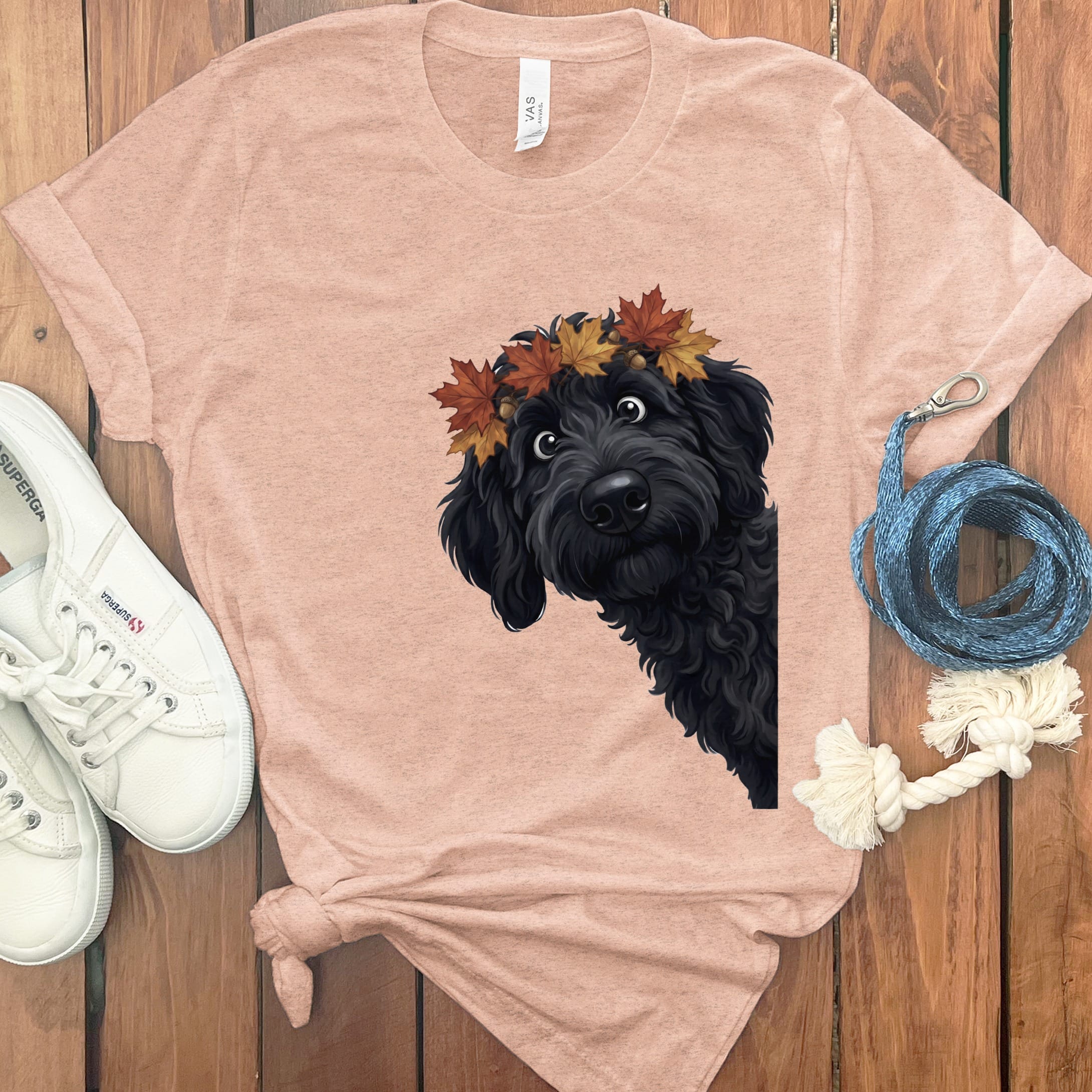 Fall Crown Black Goldendoodle T-Shirt in Heather Peach / S by Puppy Jo