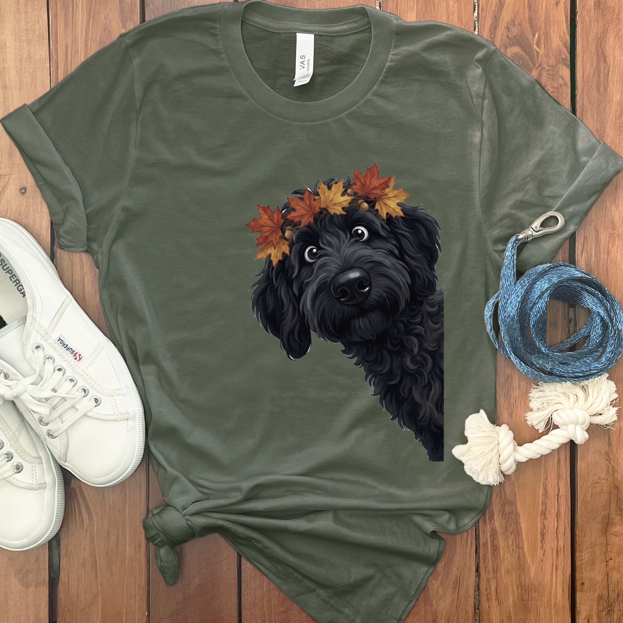Fall Crown Black Goldendoodle T-Shirt in Military Green / S by Puppy Jo