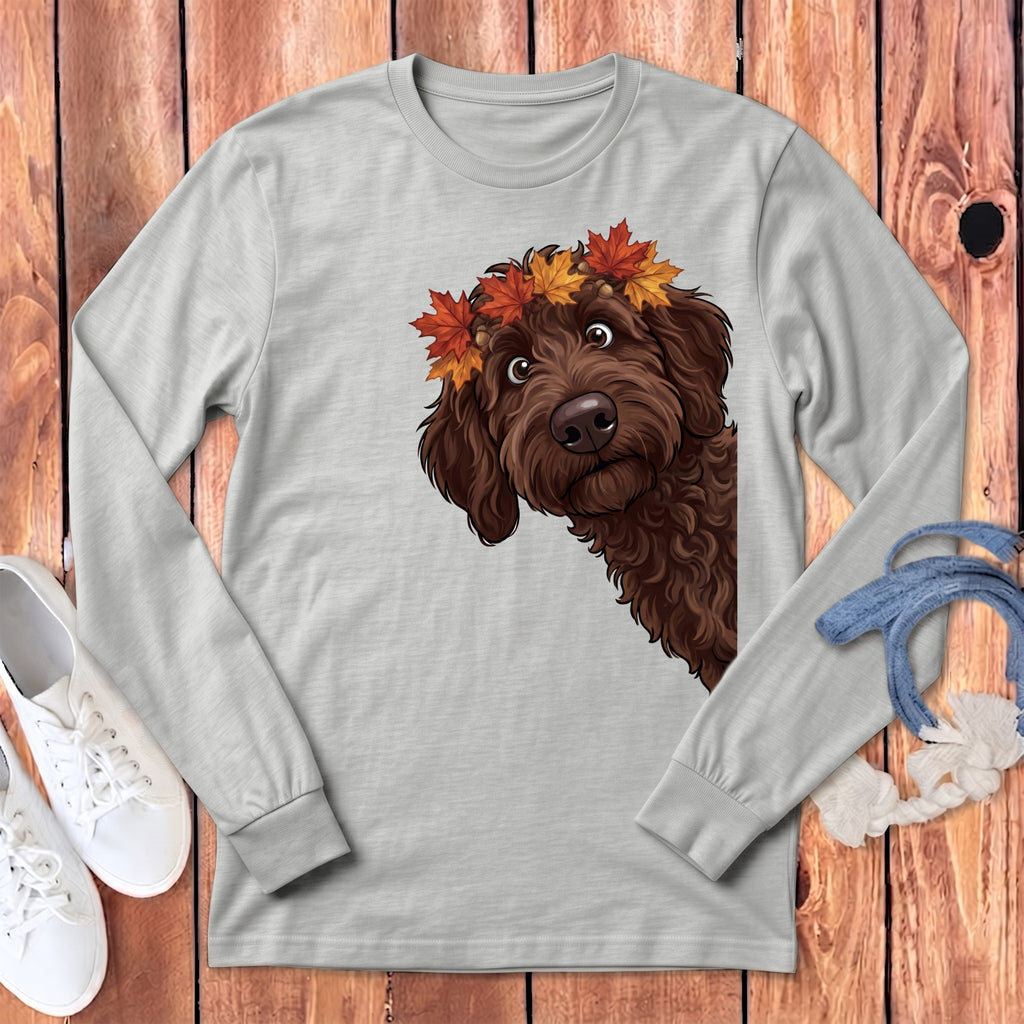 Fall Crown Chocolate Goldendoodle Long Sleeve T-Shirt in Athletic Heather / S by Puppy Jo