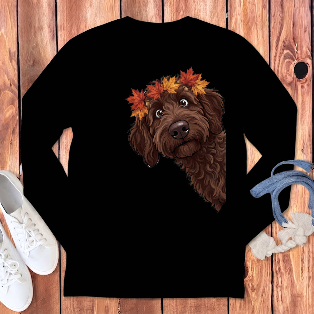 Fall Crown Chocolate Goldendoodle Long Sleeve T-Shirt in Black / S by Puppy Jo