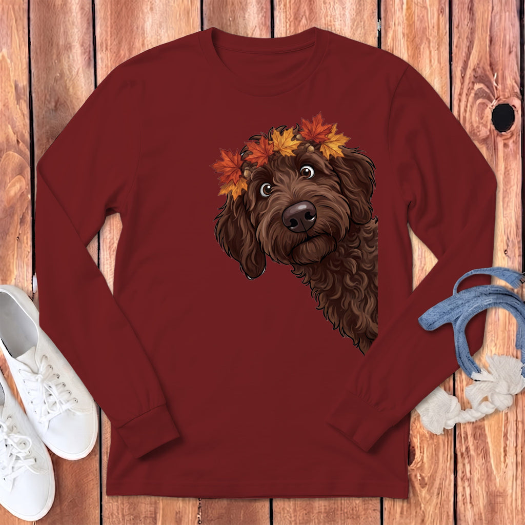 Fall Crown Chocolate Goldendoodle Long Sleeve T-Shirt in Cardinal / S by Puppy Jo